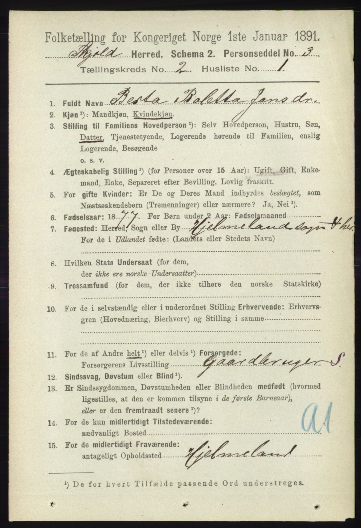 RA, 1891 census for 1154 Skjold, 1891, p. 285