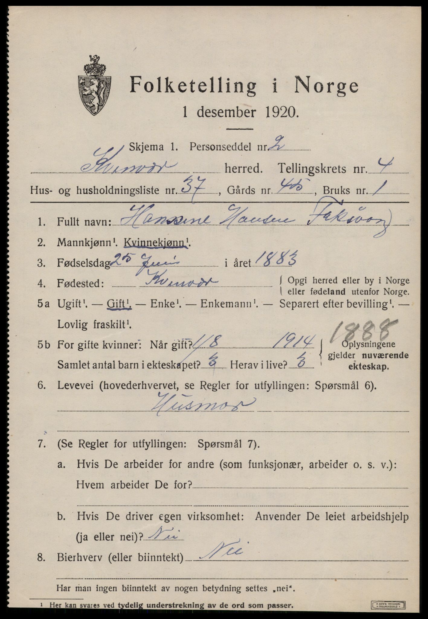 SAT, 1920 census for Kvenvær, 1920, p. 1834