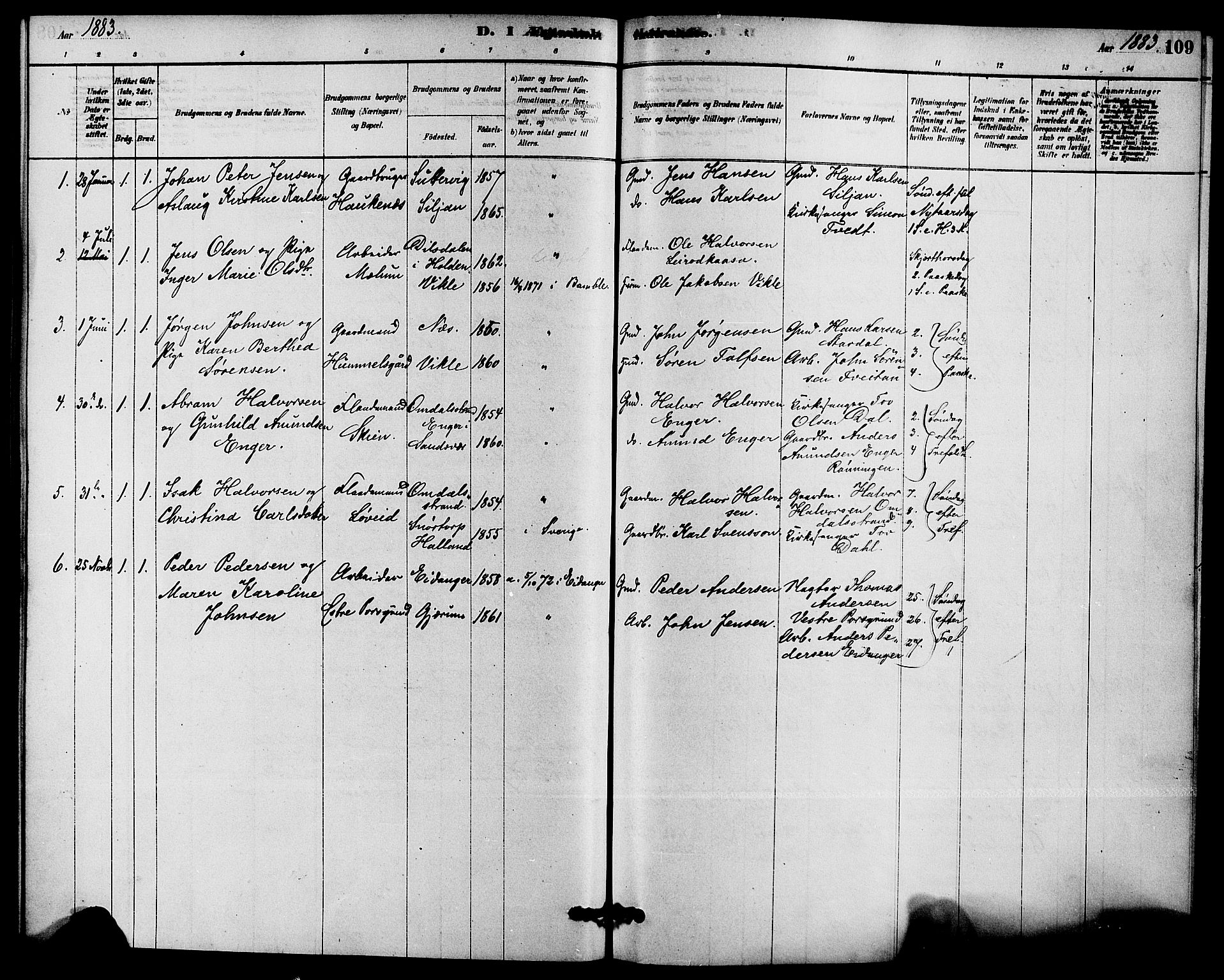 Solum kirkebøker, SAKO/A-306/F/Fb/L0001: Parish register (official) no. II 1, 1877-1892, p. 109