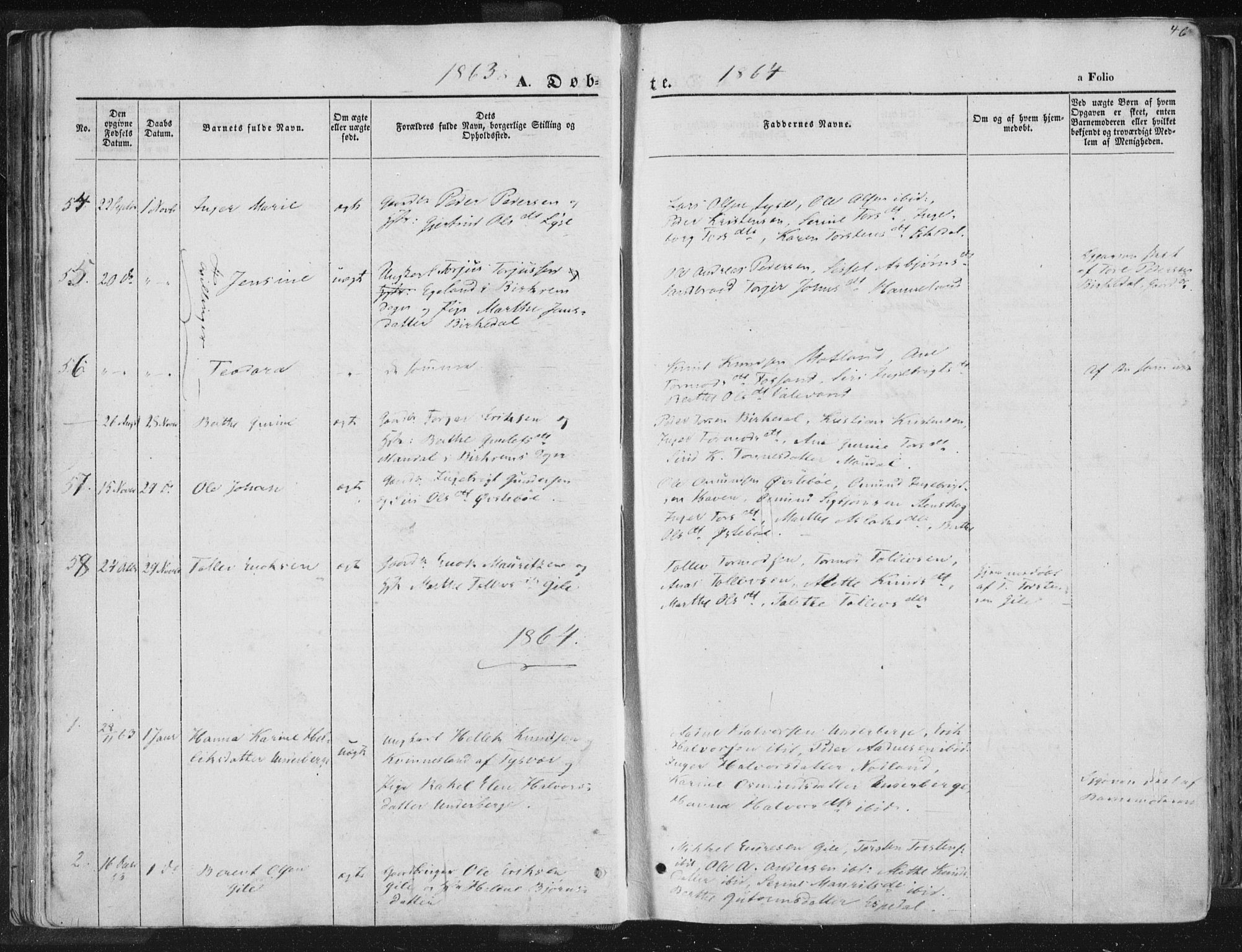 Høgsfjord sokneprestkontor, AV/SAST-A-101624/H/Ha/Haa/L0001: Parish register (official) no. A 1, 1854-1875, p. 46