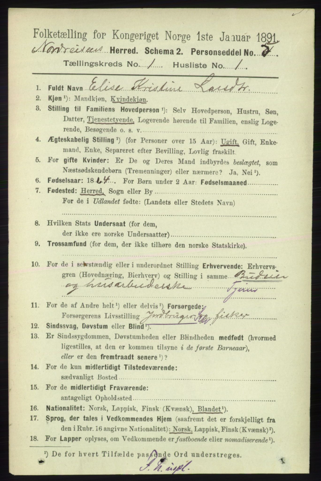 RA, 1891 census for 1942 Nordreisa, 1891, p. 110