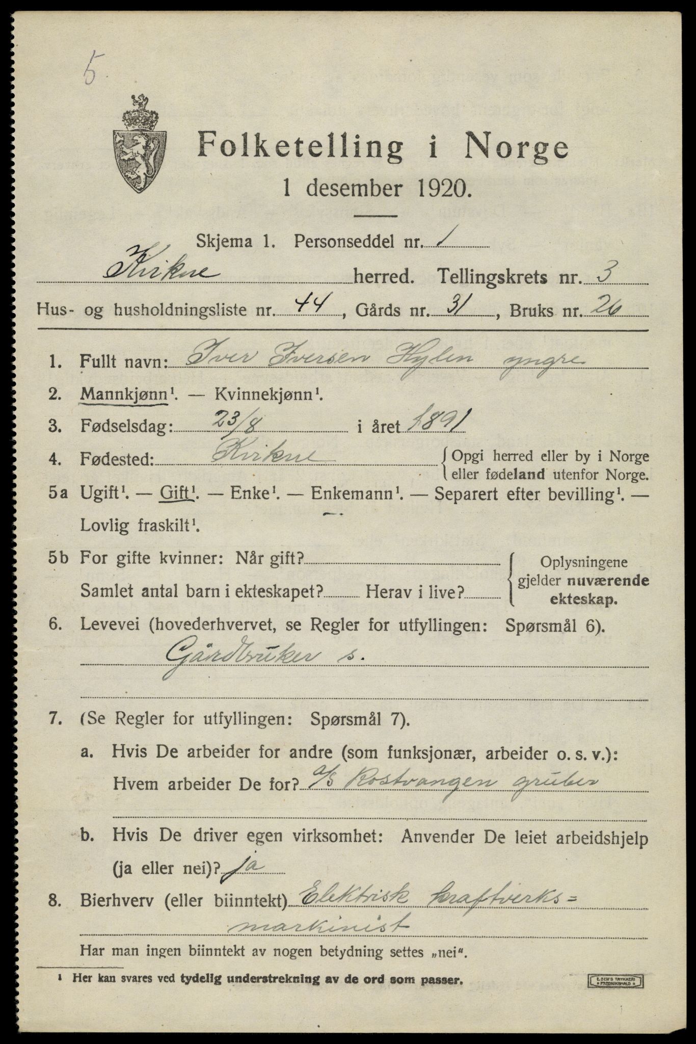 SAH, 1920 census for Kvikne, 1920, p. 1602