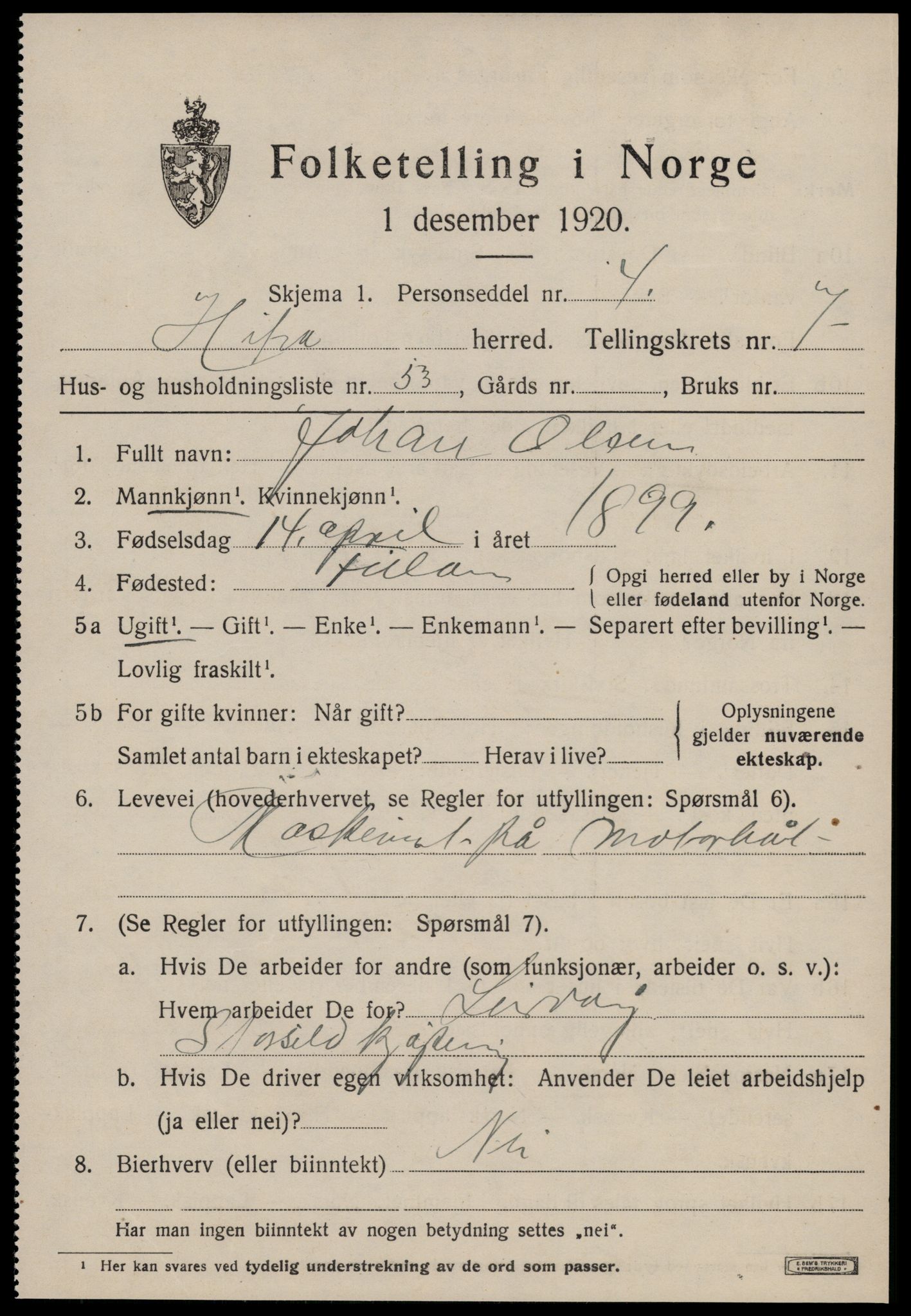 SAT, 1920 census for Hitra, 1920, p. 2607