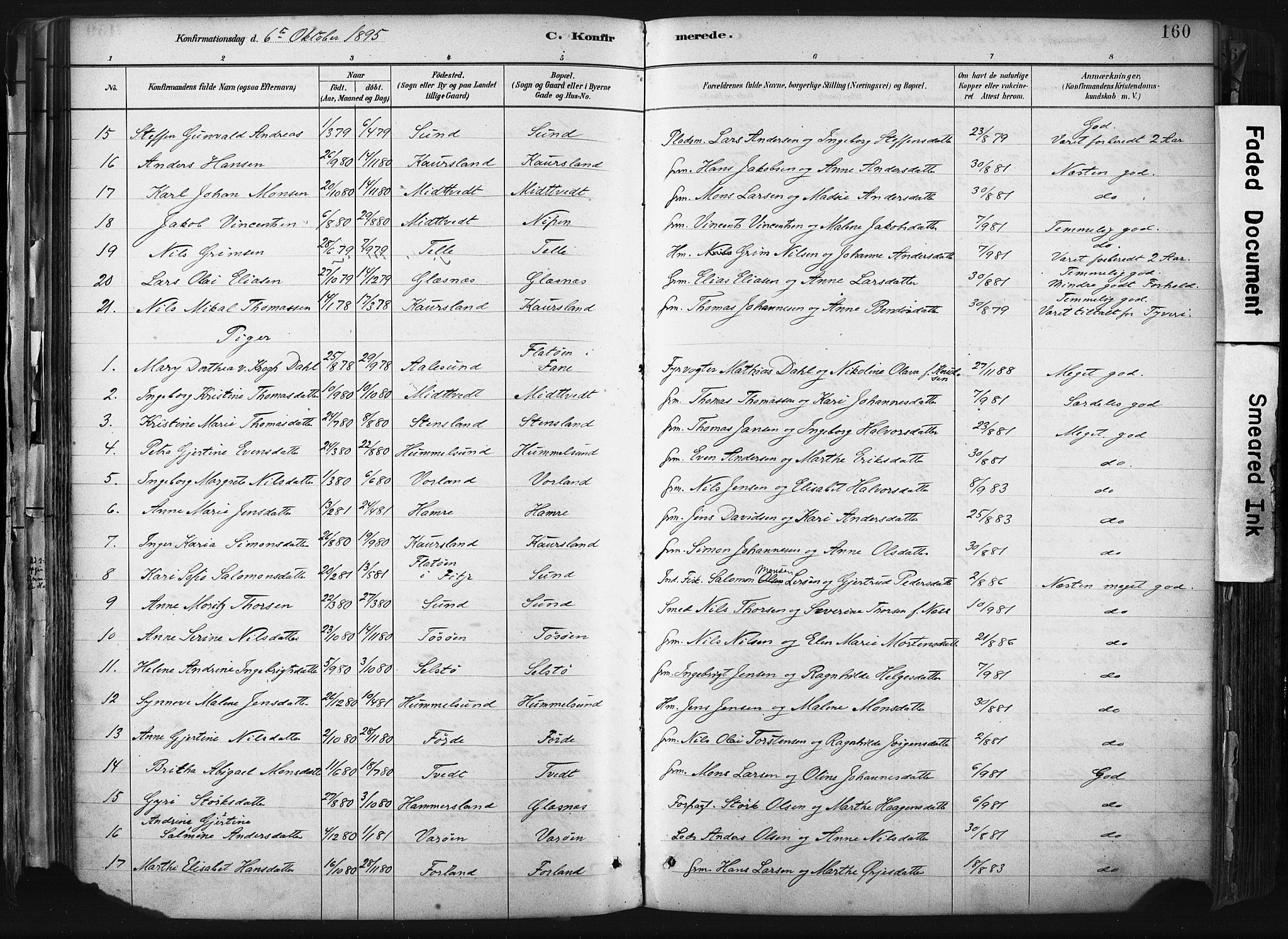 Sund sokneprestembete, SAB/A-99930: Parish register (official) no. B 1, 1882-1907, p. 160