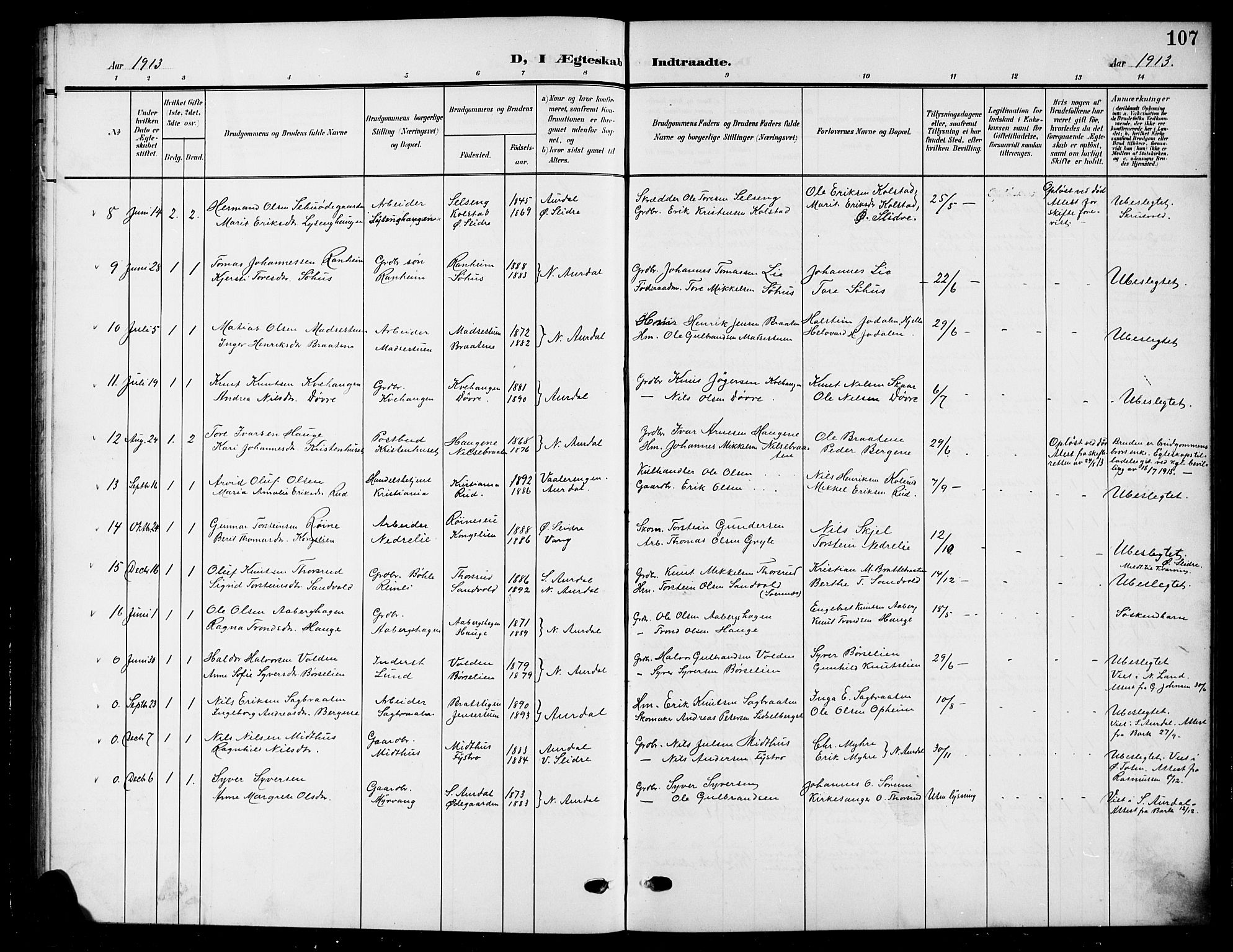 Nord-Aurdal prestekontor, SAH/PREST-132/H/Ha/Hab/L0012: Parish register (copy) no. 12, 1907-1920, p. 107