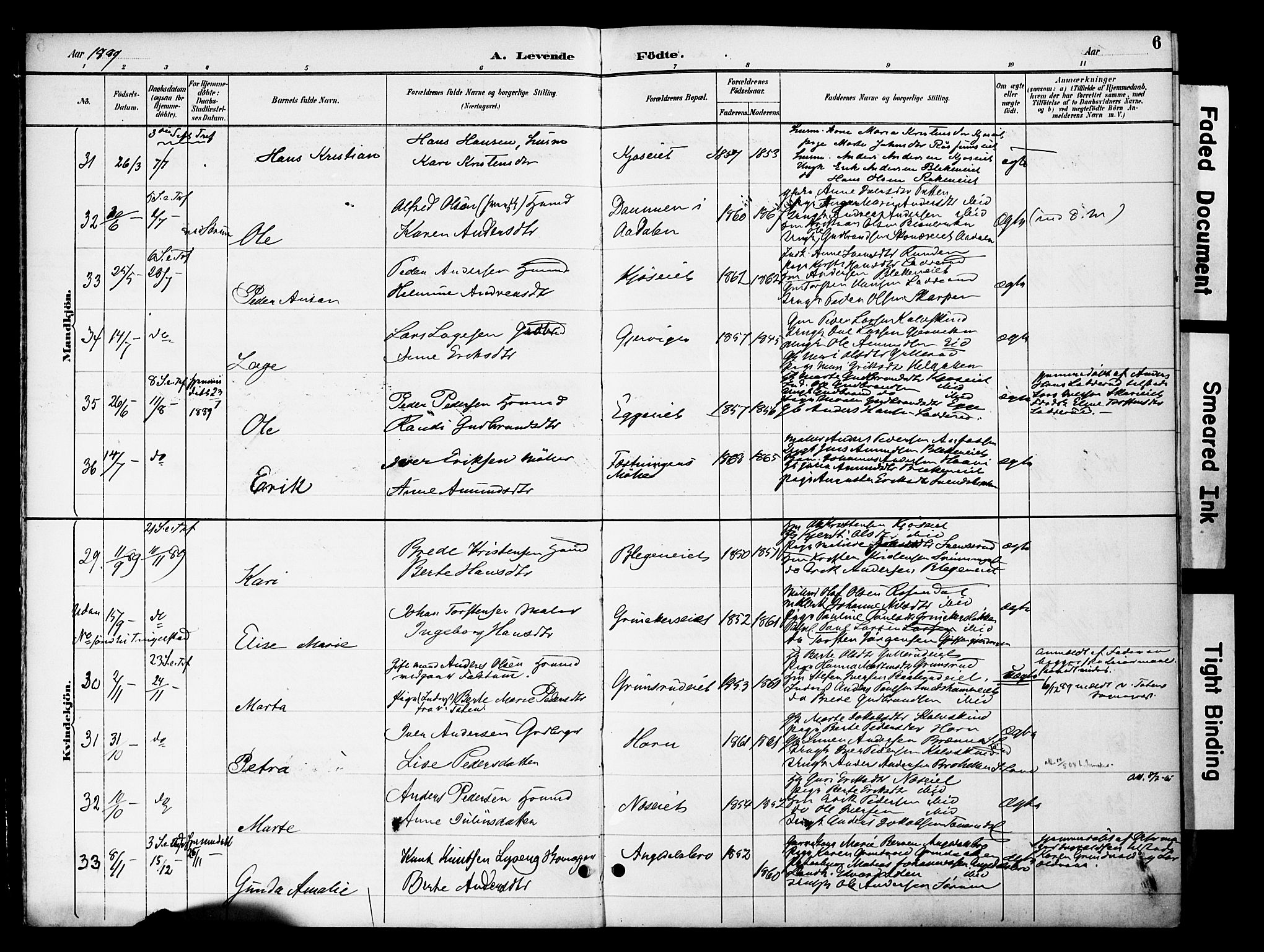 Gran prestekontor, SAH/PREST-112/H/Ha/Haa/L0020: Parish register (official) no. 20, 1889-1899, p. 6