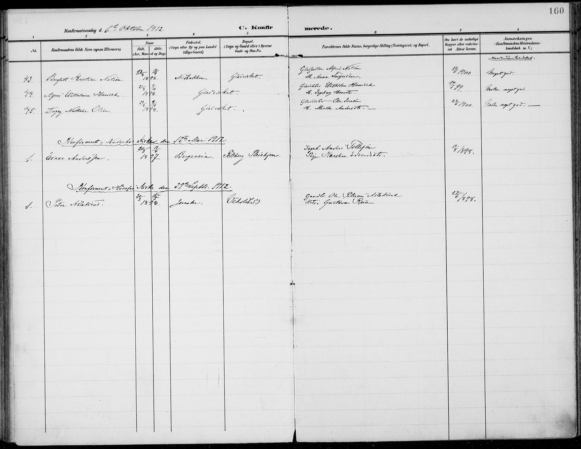 Jevnaker prestekontor, SAH/PREST-116/H/Ha/Haa/L0011: Parish register (official) no. 11, 1902-1913, p. 160