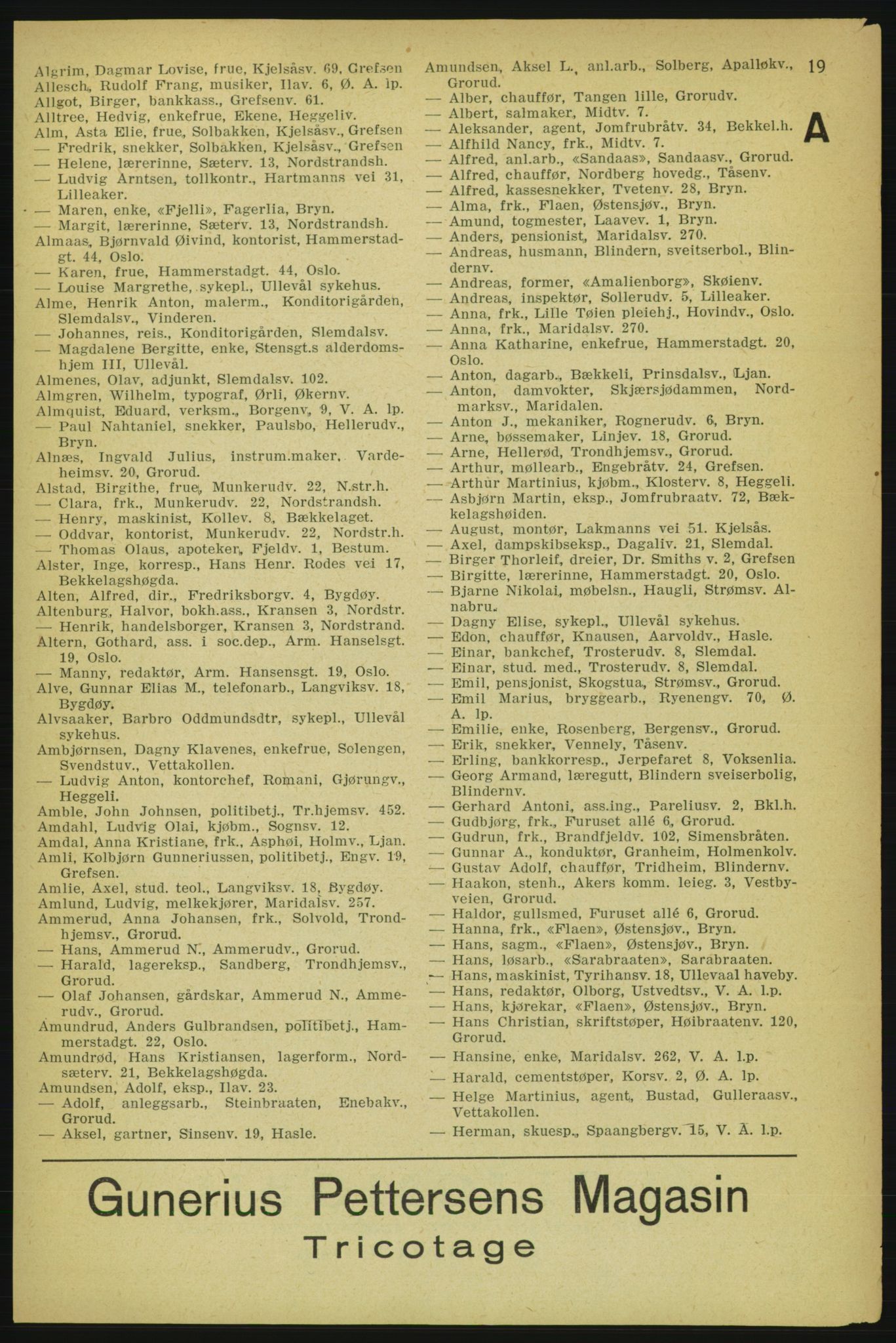 Aker adressebok/adressekalender, PUBL/001/A/004: Aker adressebok, 1929, p. 19