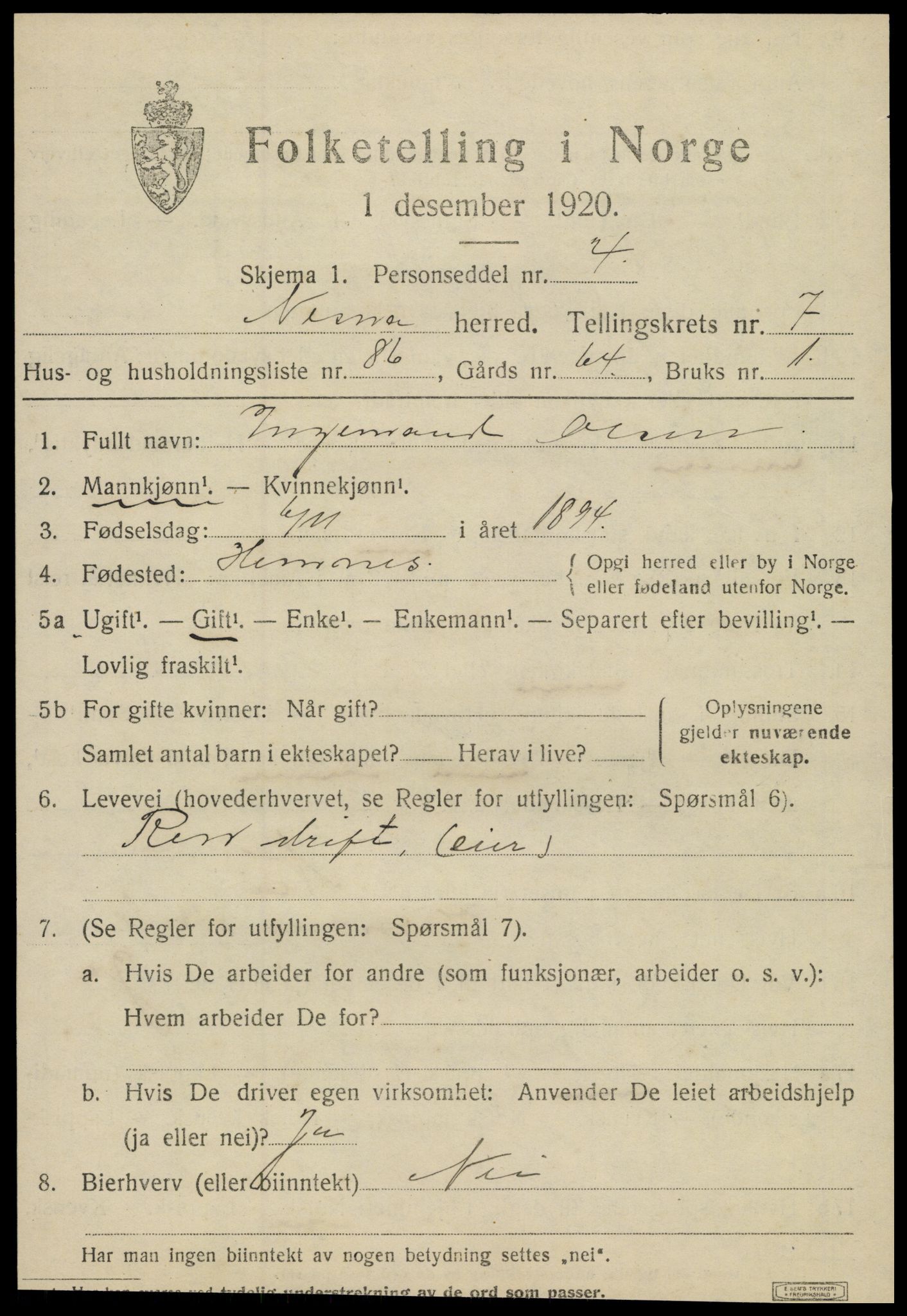 SAT, 1920 census for Nesna, 1920, p. 6553