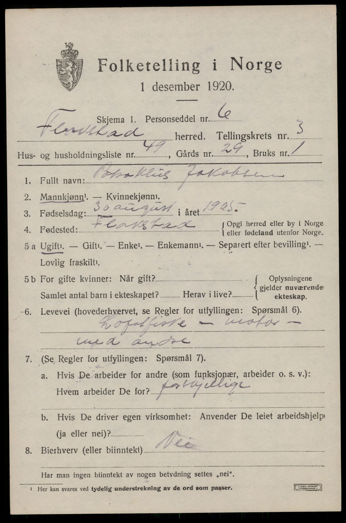SAT, 1920 census for Flakstad, 1920, p. 2815
