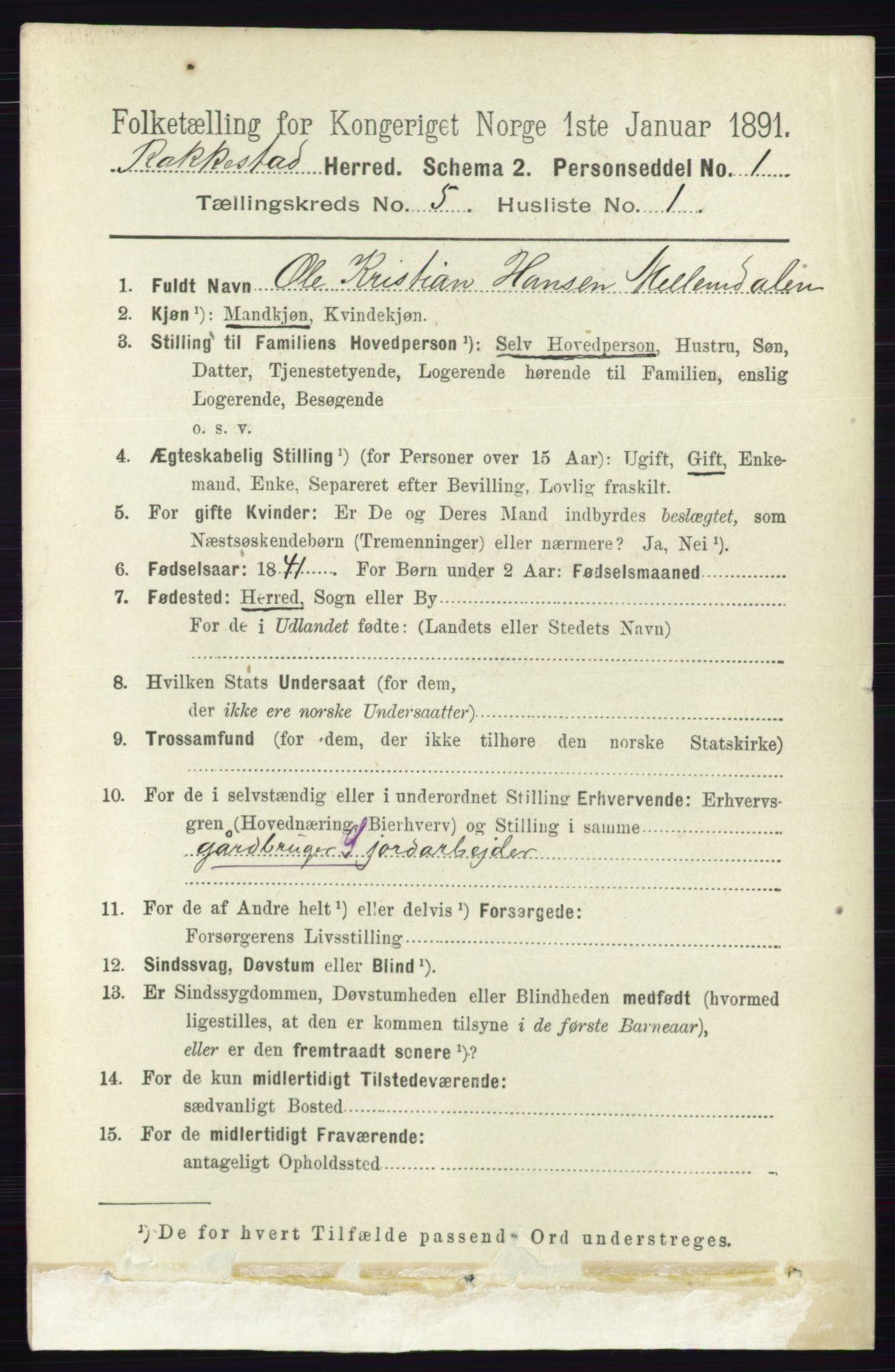 RA, 1891 census for 0128 Rakkestad, 1891, p. 2242