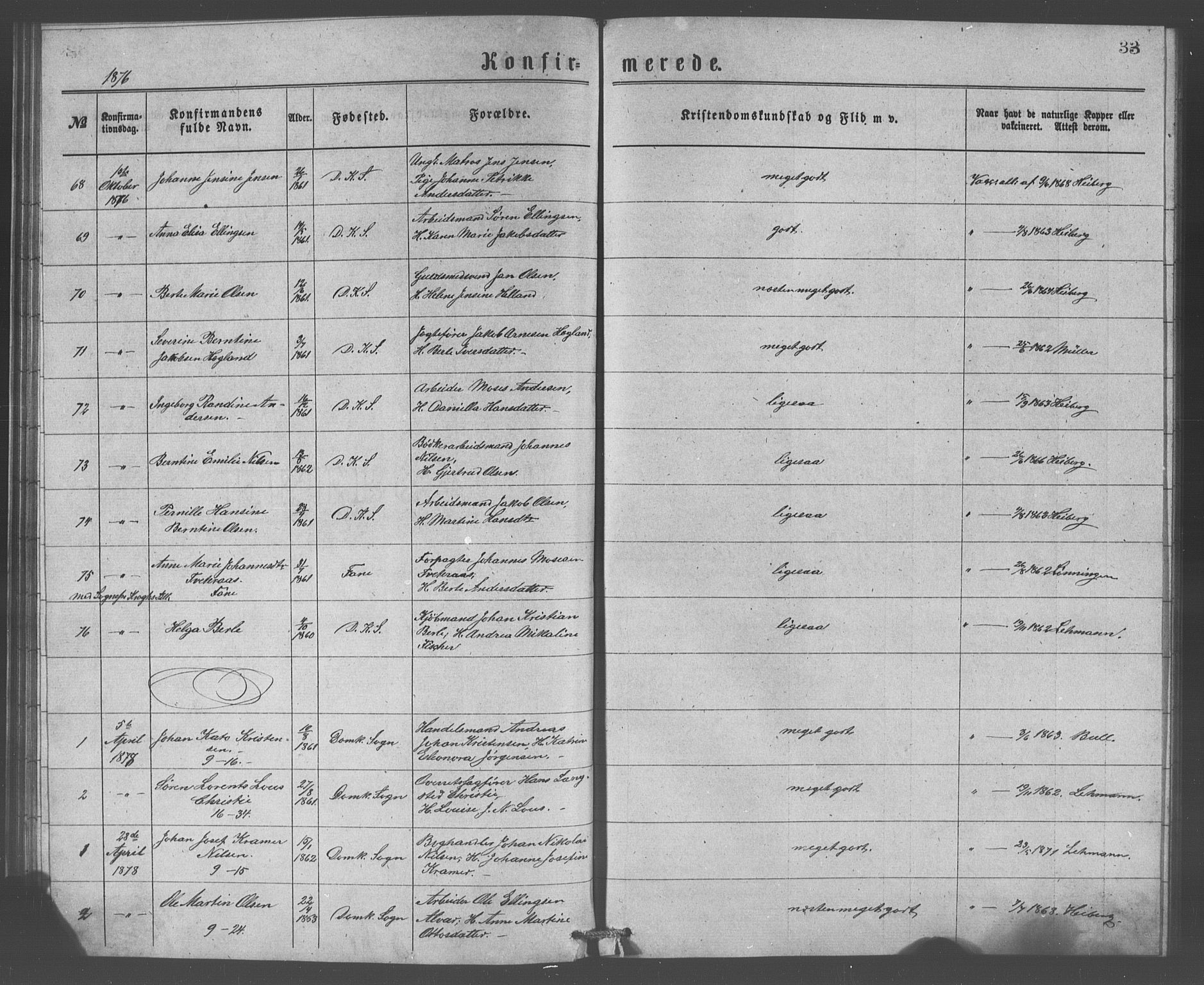 Domkirken sokneprestembete, SAB/A-74801/H/Haa/L0065: Curate's parish register no. A 3, 1874-1880, p. 33