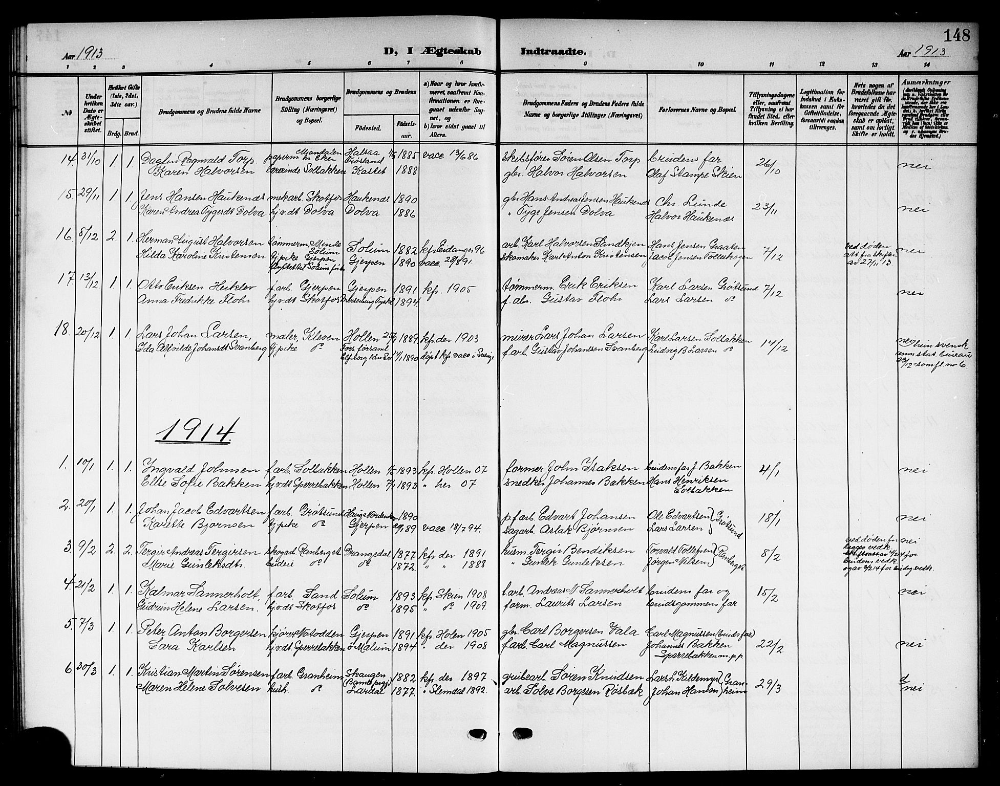 Solum kirkebøker, AV/SAKO-A-306/G/Gb/L0005: Parish register (copy) no. II 5, 1905-1914, p. 148