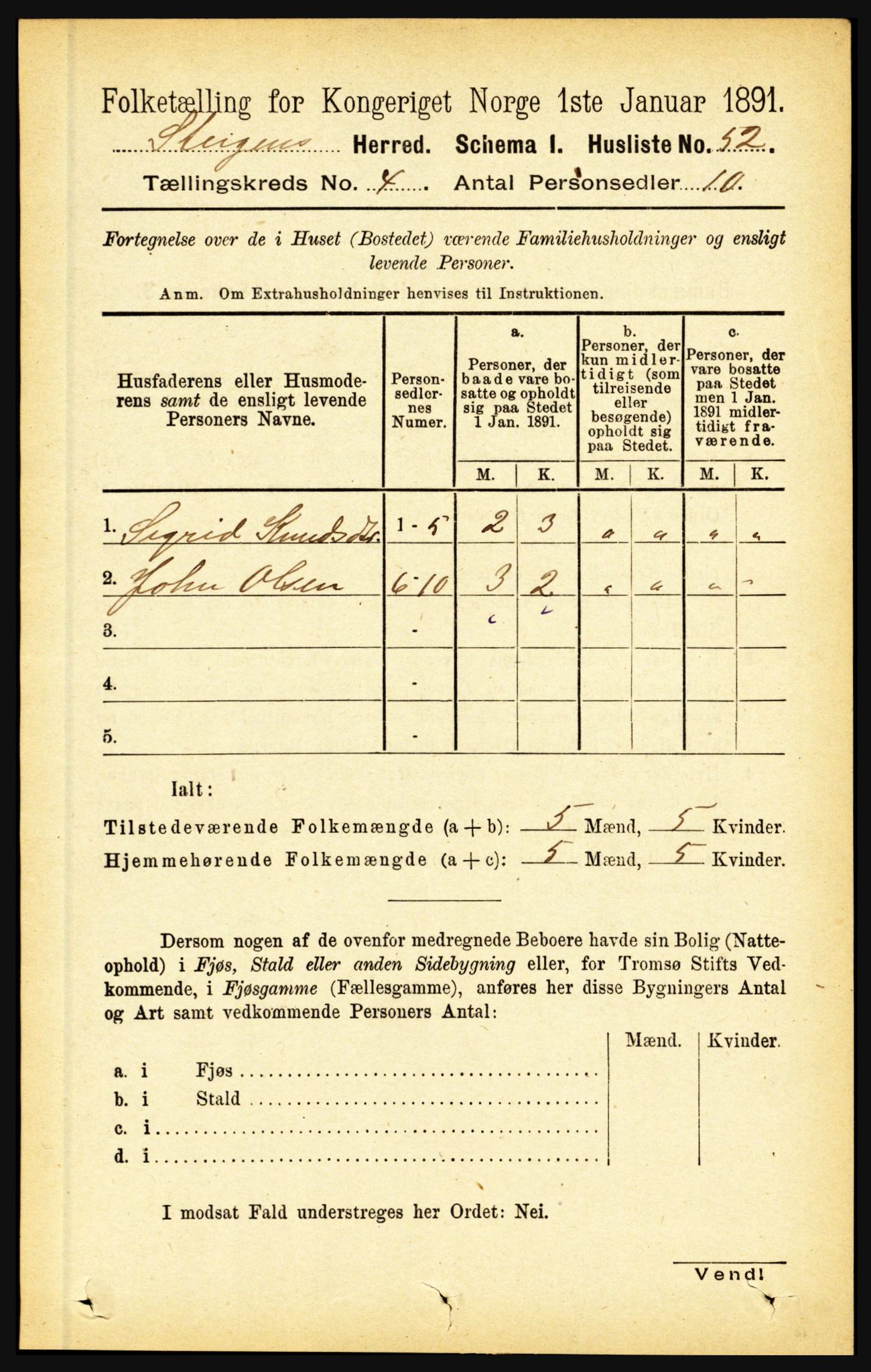 RA, 1891 census for 1848 Steigen, 1891, p. 1444