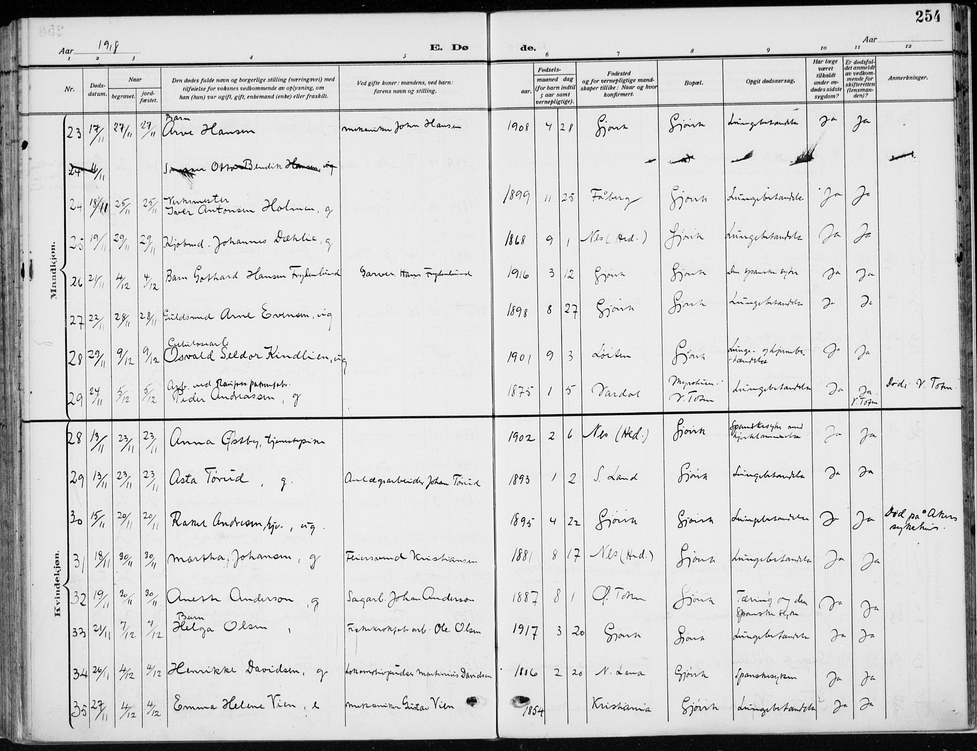 Vardal prestekontor, AV/SAH-PREST-100/H/Ha/Haa/L0014: Parish register (official) no. 14, 1912-1922, p. 254