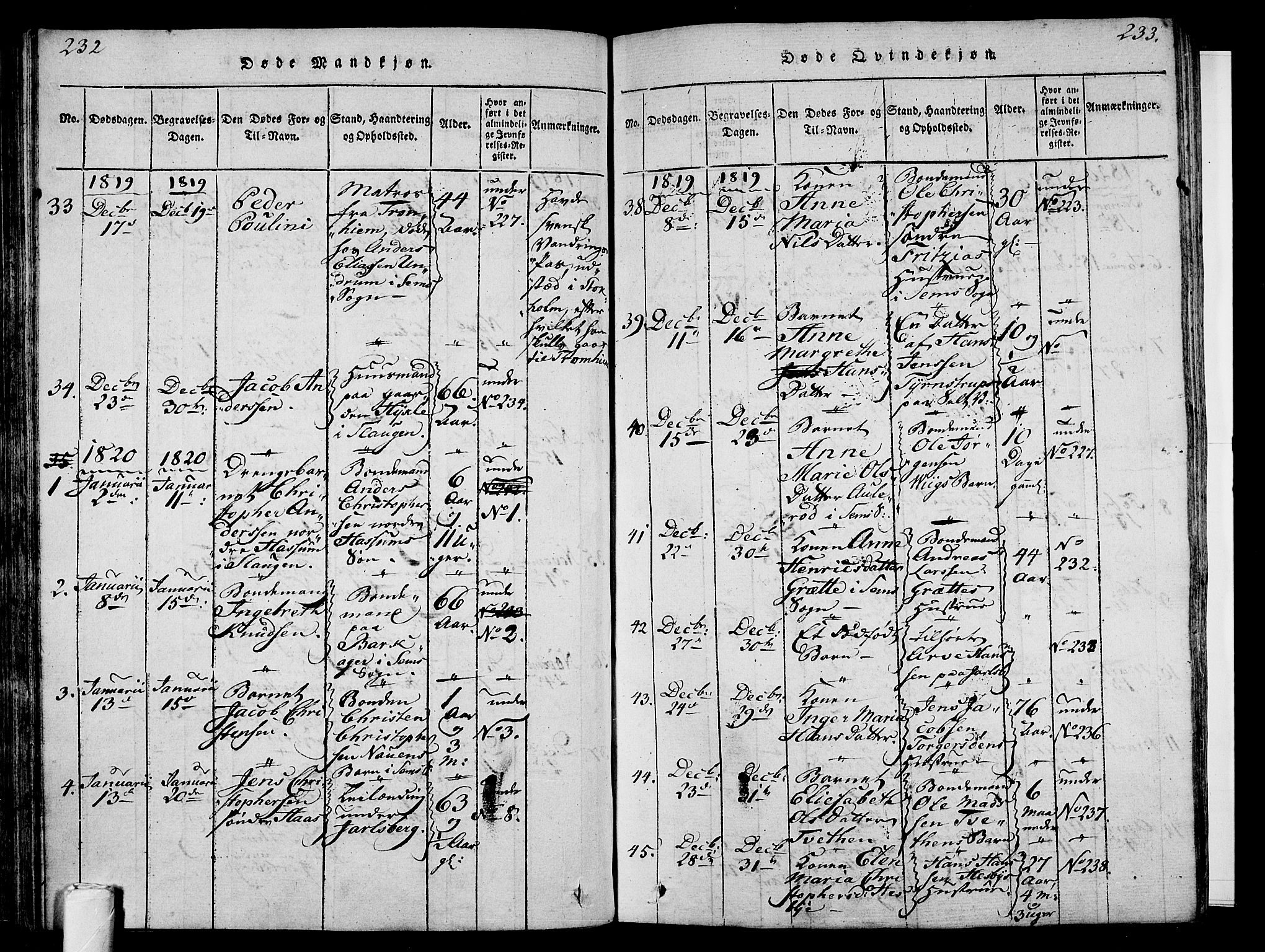 Sem kirkebøker, SAKO/A-5/F/Fa/L0004: Parish register (official) no. I 4, 1814-1825, p. 232-233