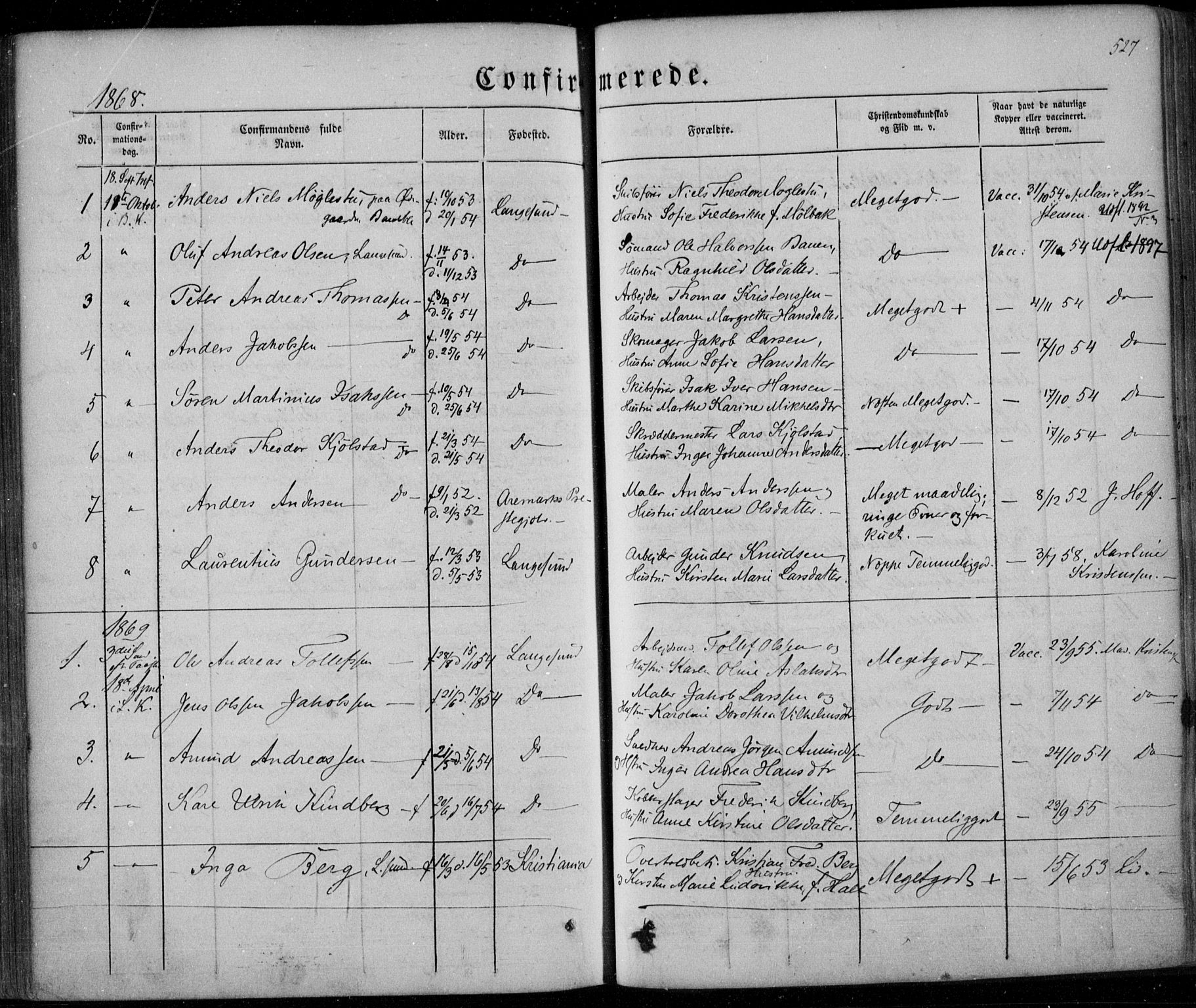 Bamble kirkebøker, AV/SAKO-A-253/F/Fa/L0005: Parish register (official) no. I 5, 1854-1869, p. 527