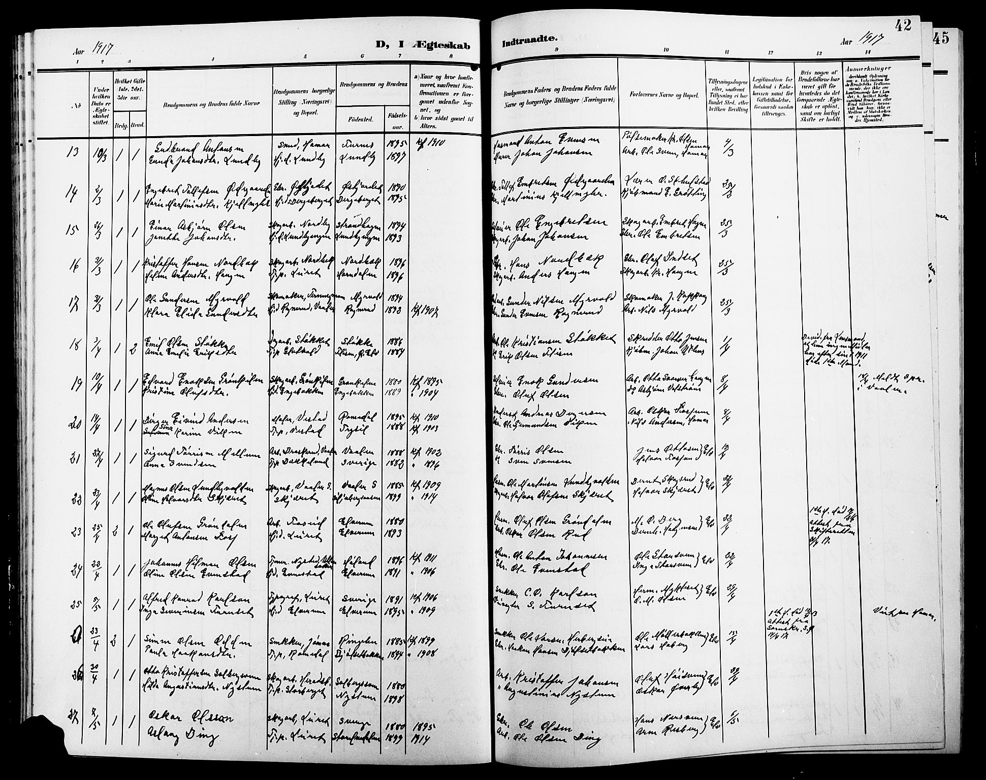 Elverum prestekontor, AV/SAH-PREST-044/H/Ha/Hab/L0009: Parish register (copy) no. 9, 1908-1921, p. 42