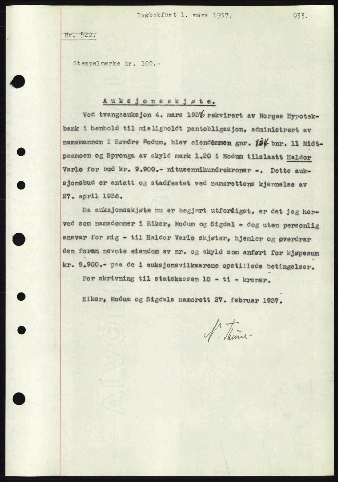 Eiker, Modum og Sigdal sorenskriveri, SAKO/A-123/G/Ga/Gab/L0034: Mortgage book no. A4, 1936-1937, Diary no: : 522/1937