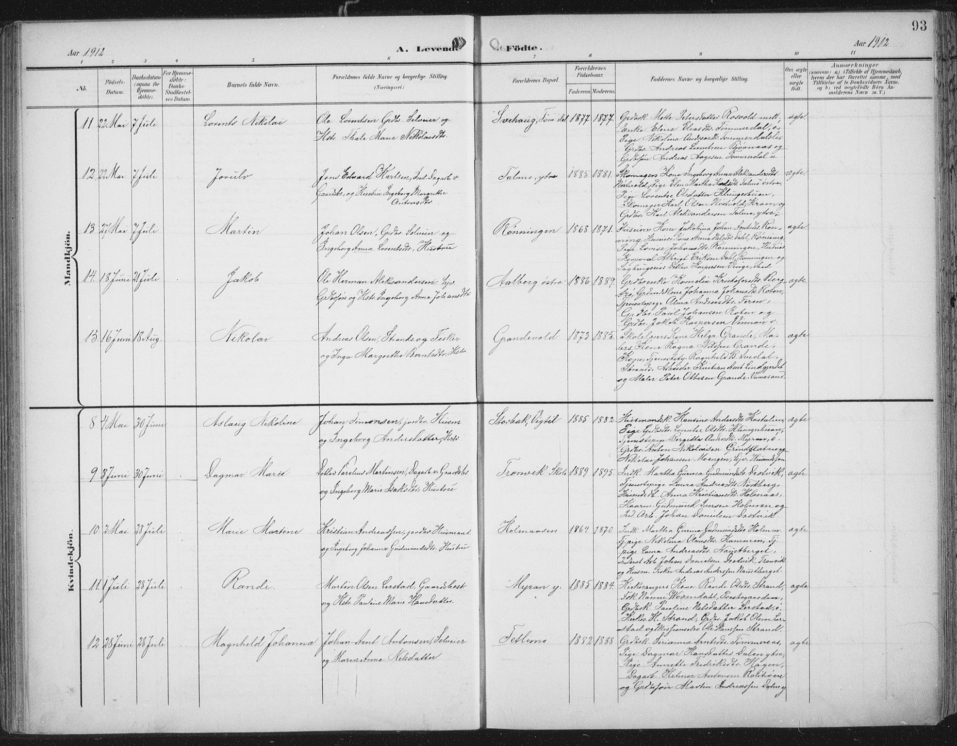 Ministerialprotokoller, klokkerbøker og fødselsregistre - Nord-Trøndelag, AV/SAT-A-1458/701/L0011: Parish register (official) no. 701A11, 1899-1915, p. 93