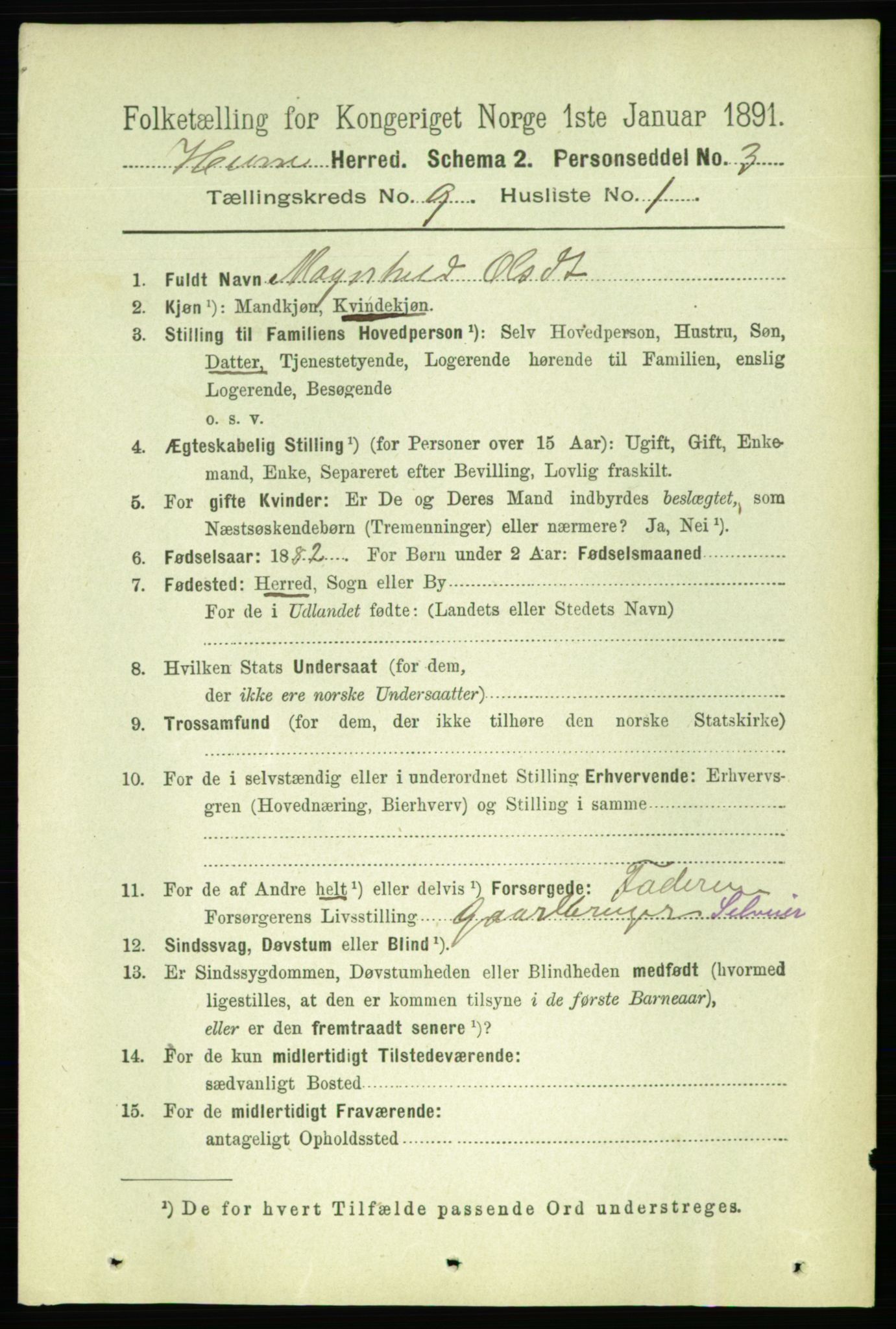 RA, 1891 census for 1612 Hemne, 1891, p. 5743