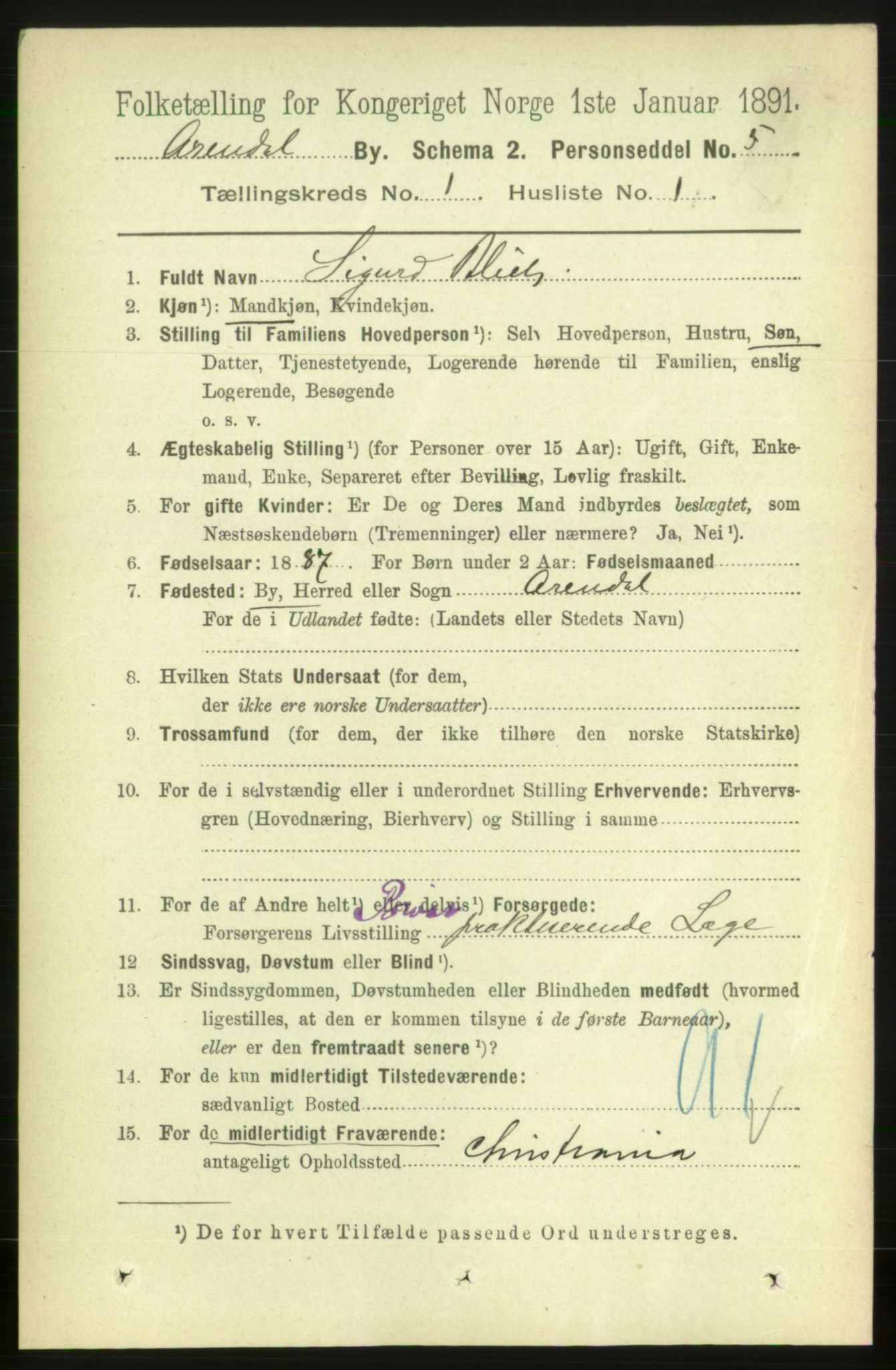 RA, 1891 census for 0903 Arendal, 1891, p. 931