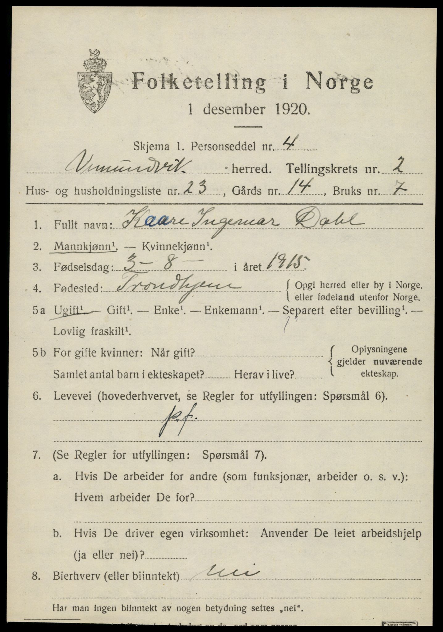 SAT, 1920 census for Vemundvik, 1920, p. 2855