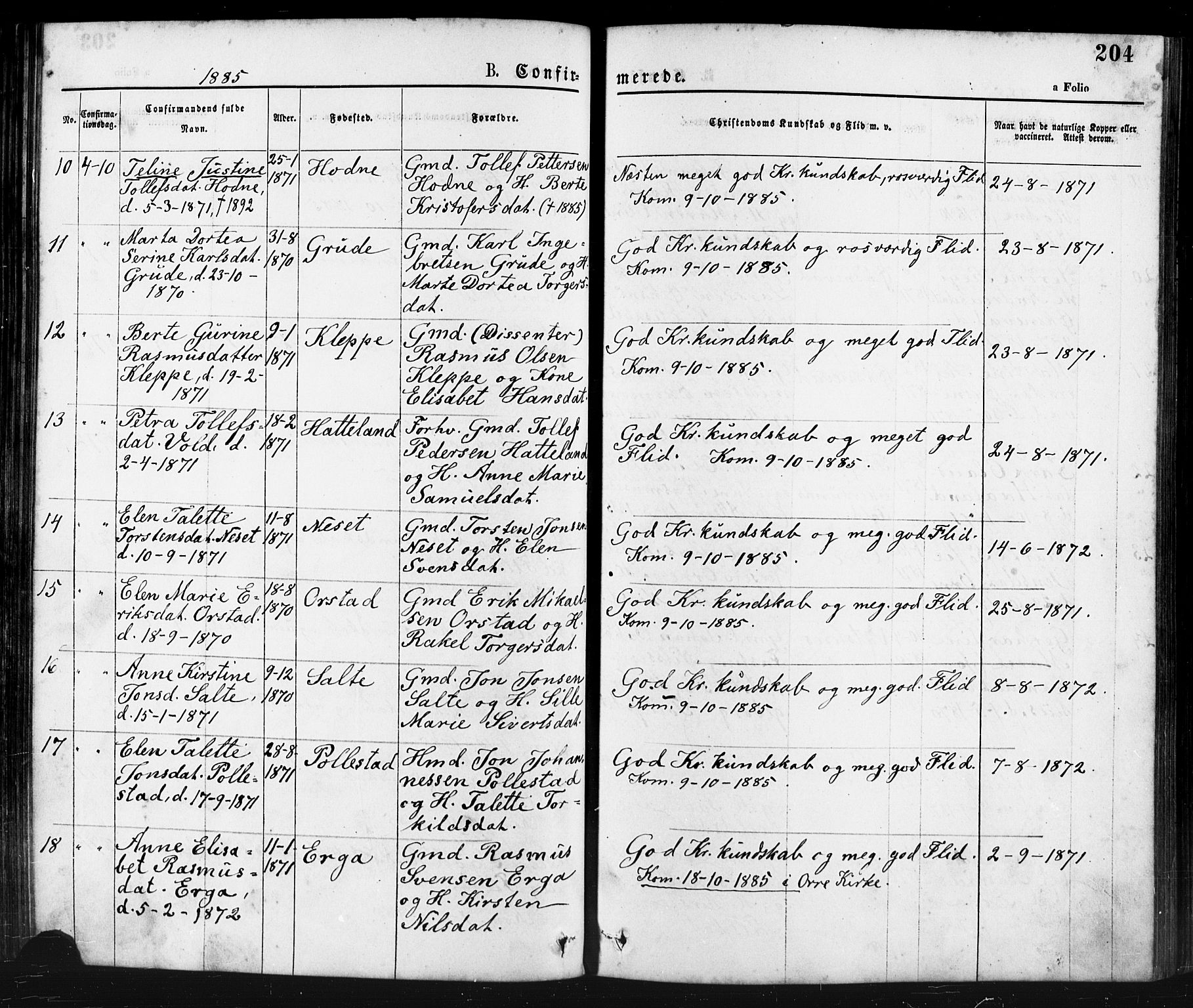 Klepp sokneprestkontor, AV/SAST-A-101803/001/3/30BA/L0006: Parish register (official) no. A 6, 1871-1885, p. 204