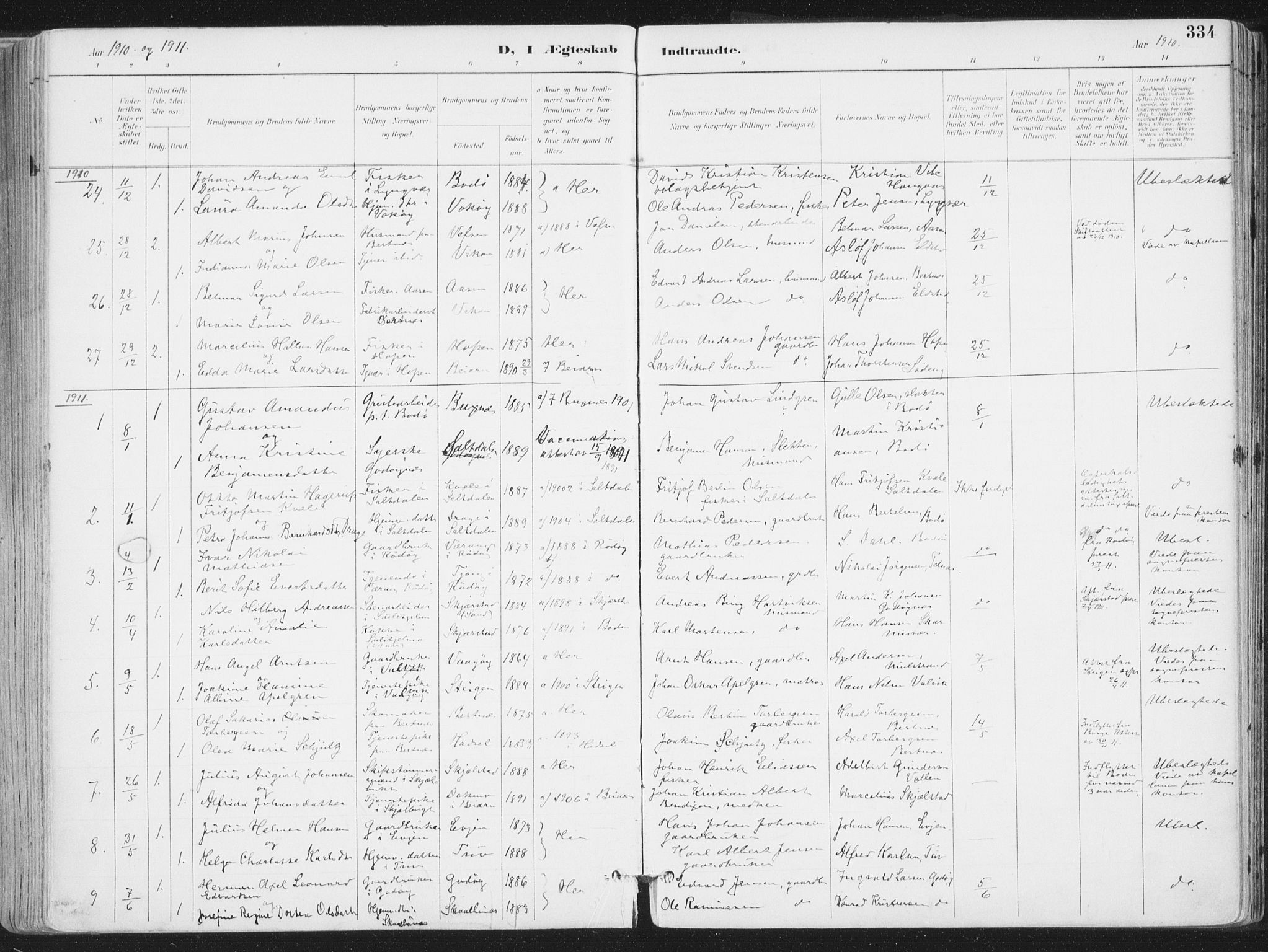 Ministerialprotokoller, klokkerbøker og fødselsregistre - Nordland, SAT/A-1459/802/L0055: Parish register (official) no. 802A02, 1894-1915, p. 334