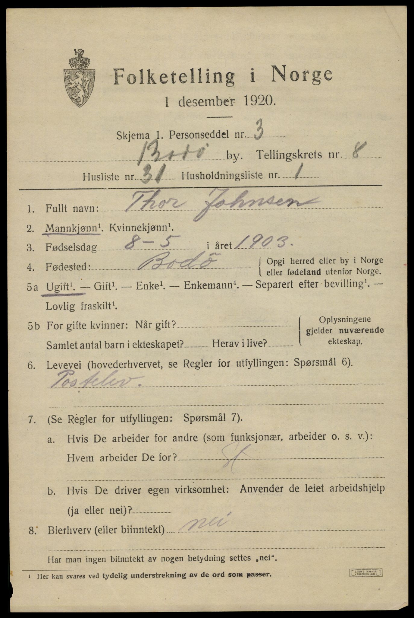 SAT, 1920 census for Bodø, 1920, p. 12819