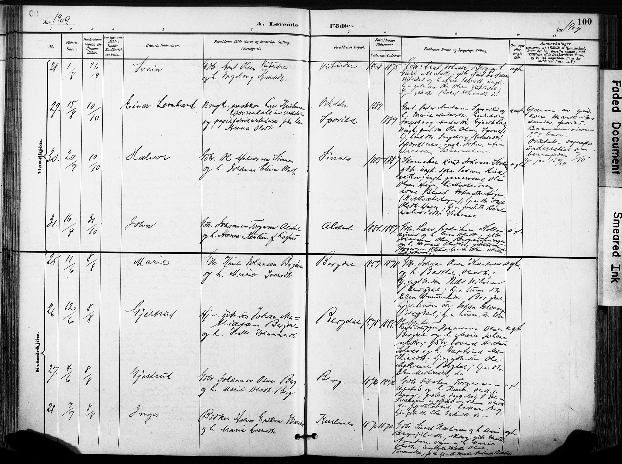 Ministerialprotokoller, klokkerbøker og fødselsregistre - Sør-Trøndelag, AV/SAT-A-1456/630/L0497: Parish register (official) no. 630A10, 1896-1910, p. 100