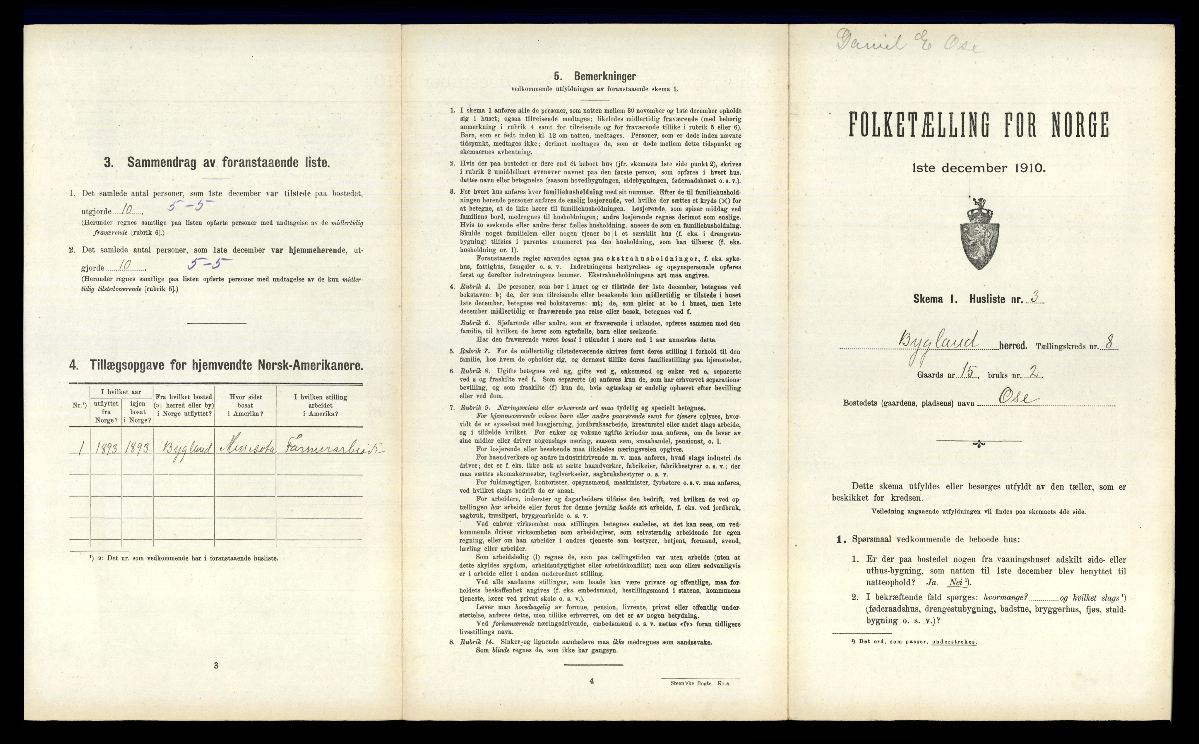 RA, 1910 census for Bygland, 1910, p. 587