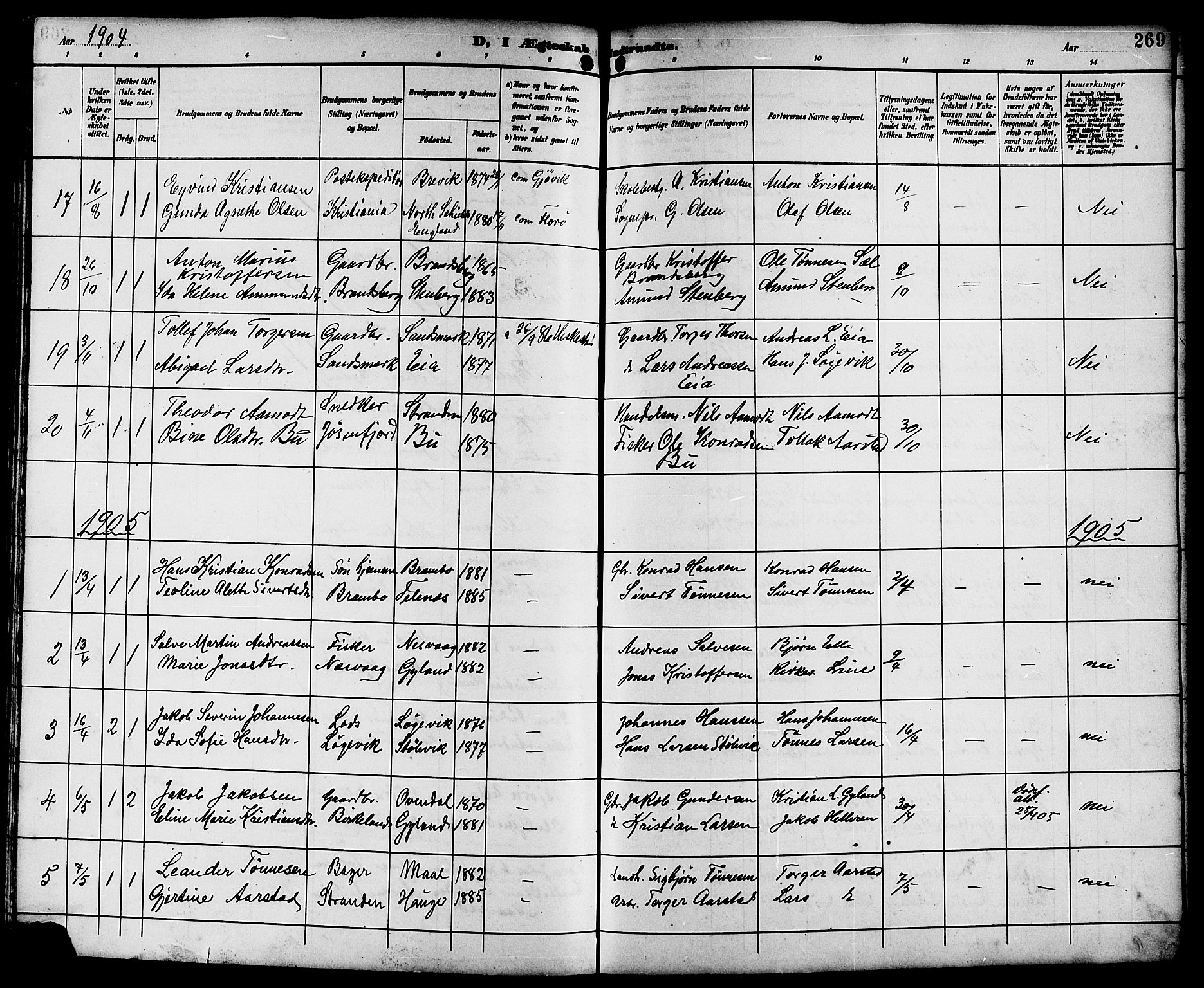 Sokndal sokneprestkontor, SAST/A-101808: Parish register (copy) no. B 6, 1892-1907, p. 269