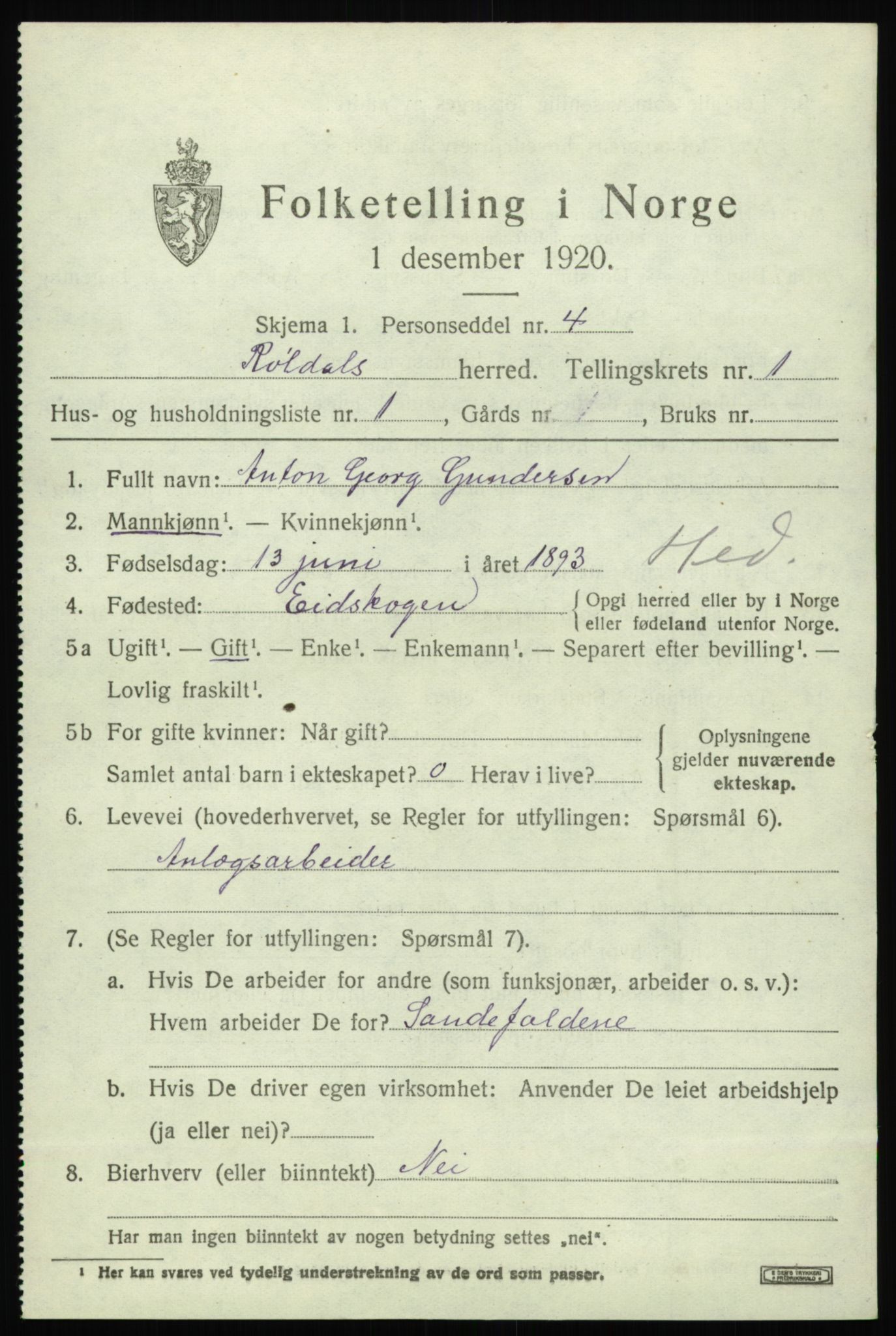 SAB, 1920 census for Røldal, 1920, p. 337