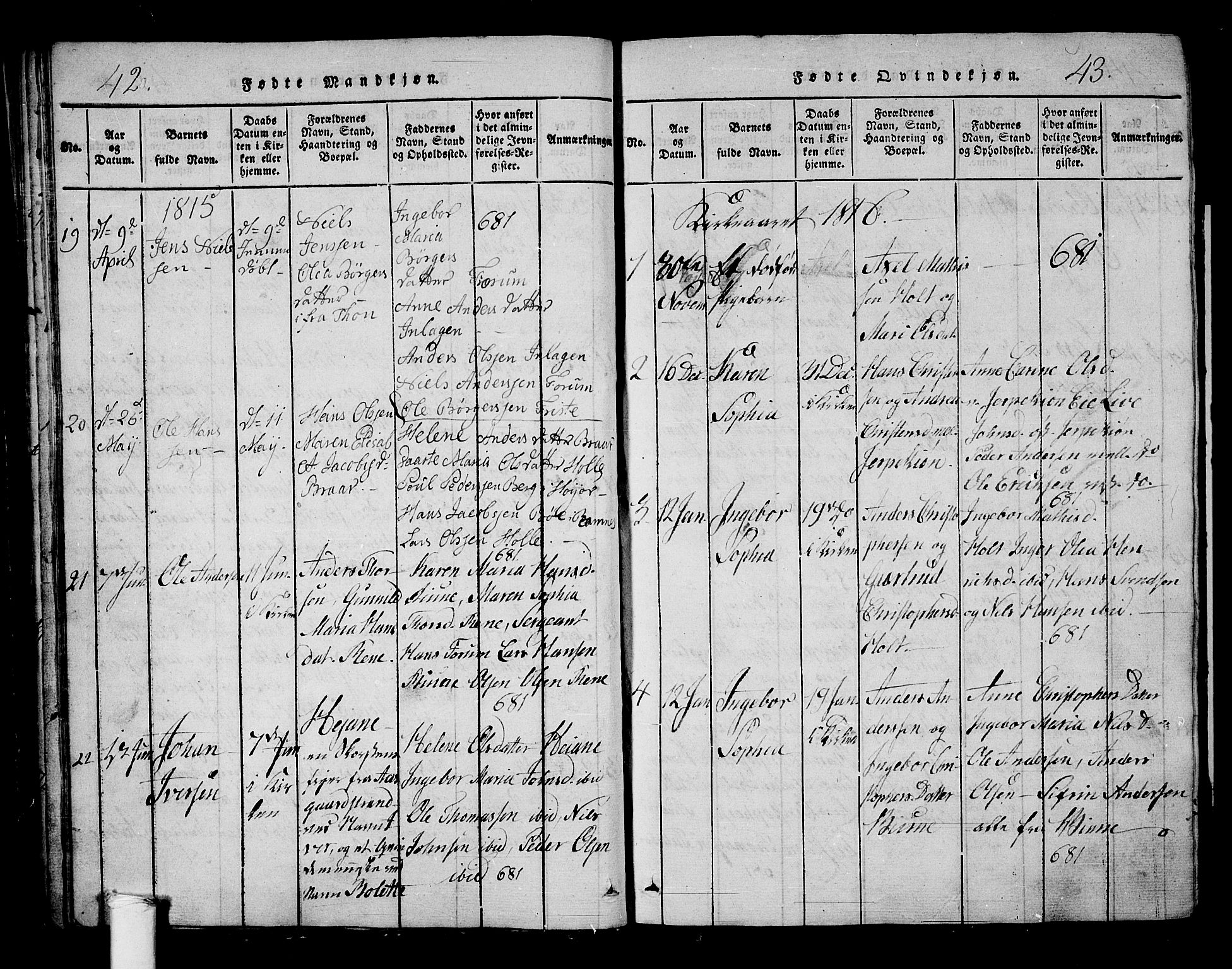 Ramnes kirkebøker, AV/SAKO-A-314/G/Ga/L0001: Parish register (copy) no. I 1, 1813-1847, p. 42-43