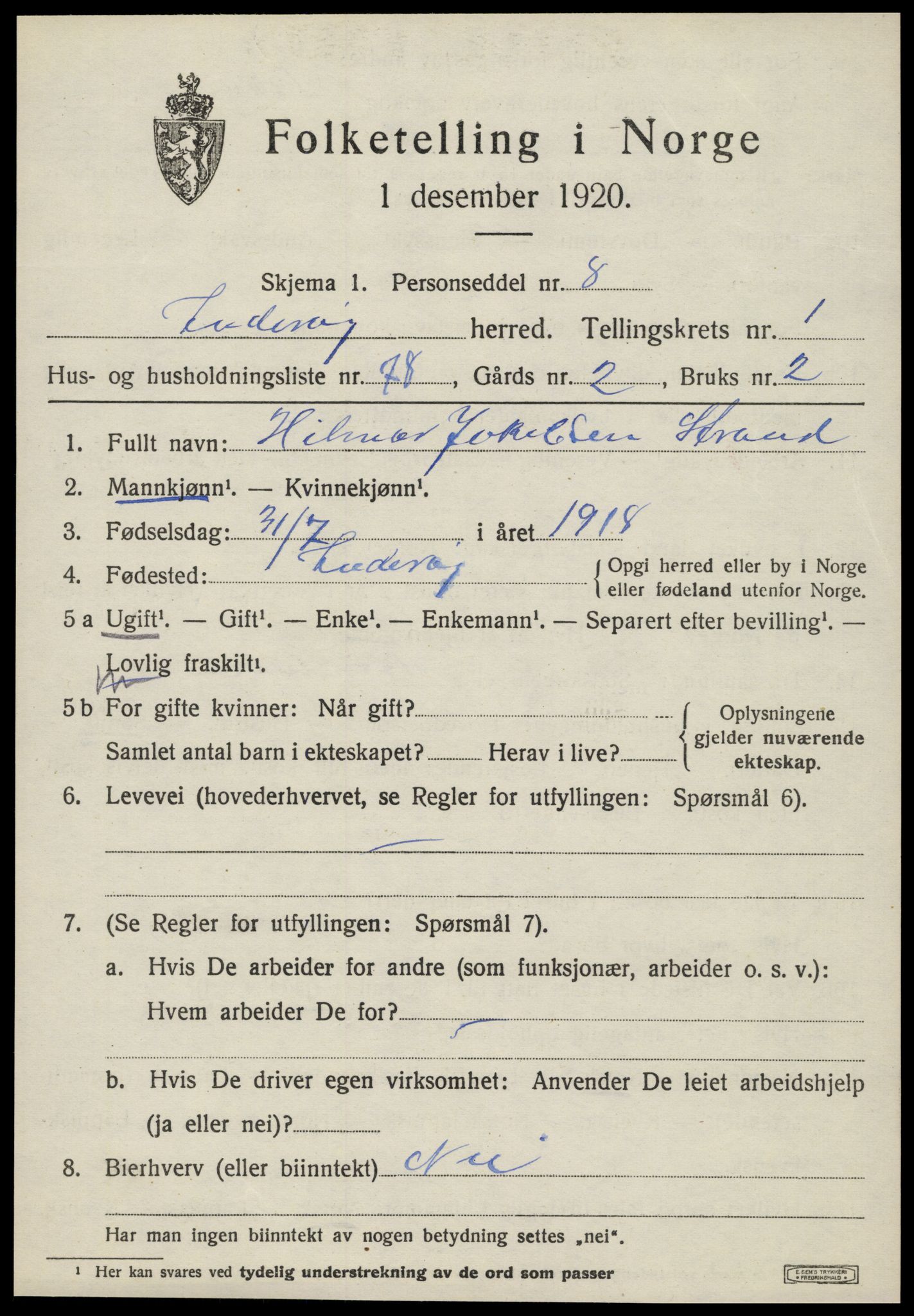SAT, 1920 census for Inderøy, 1920, p. 1813