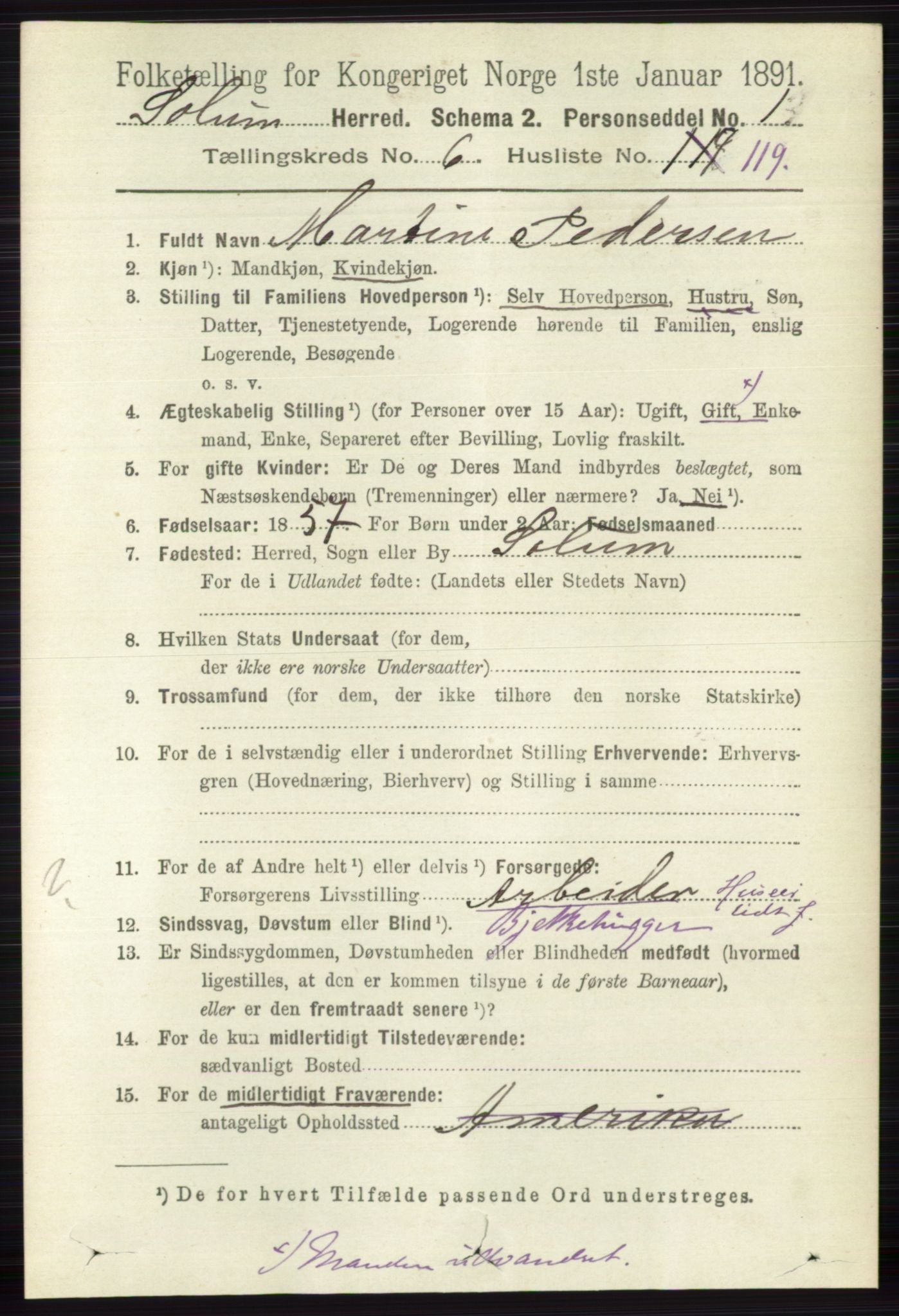 RA, 1891 census for 0818 Solum, 1891, p. 1843