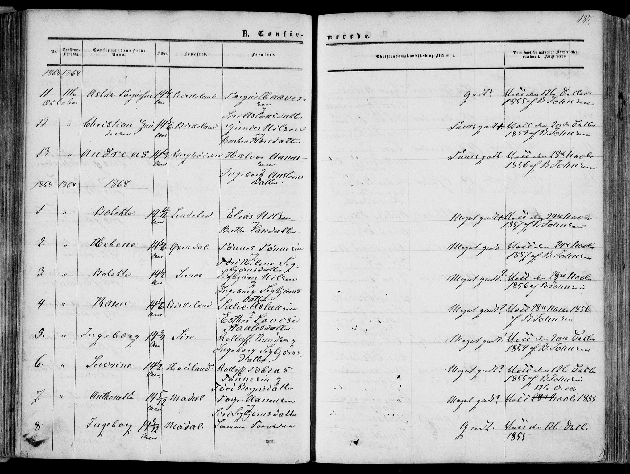 Bakke sokneprestkontor, AV/SAK-1111-0002/F/Fa/Faa/L0006: Parish register (official) no. A 6, 1855-1877, p. 185