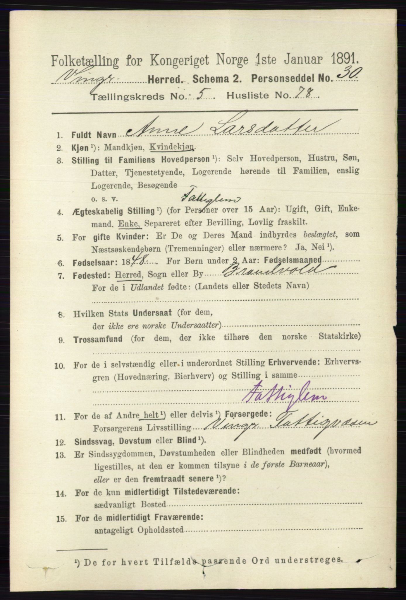 RA, 1891 census for 0421 Vinger, 1891, p. 2505