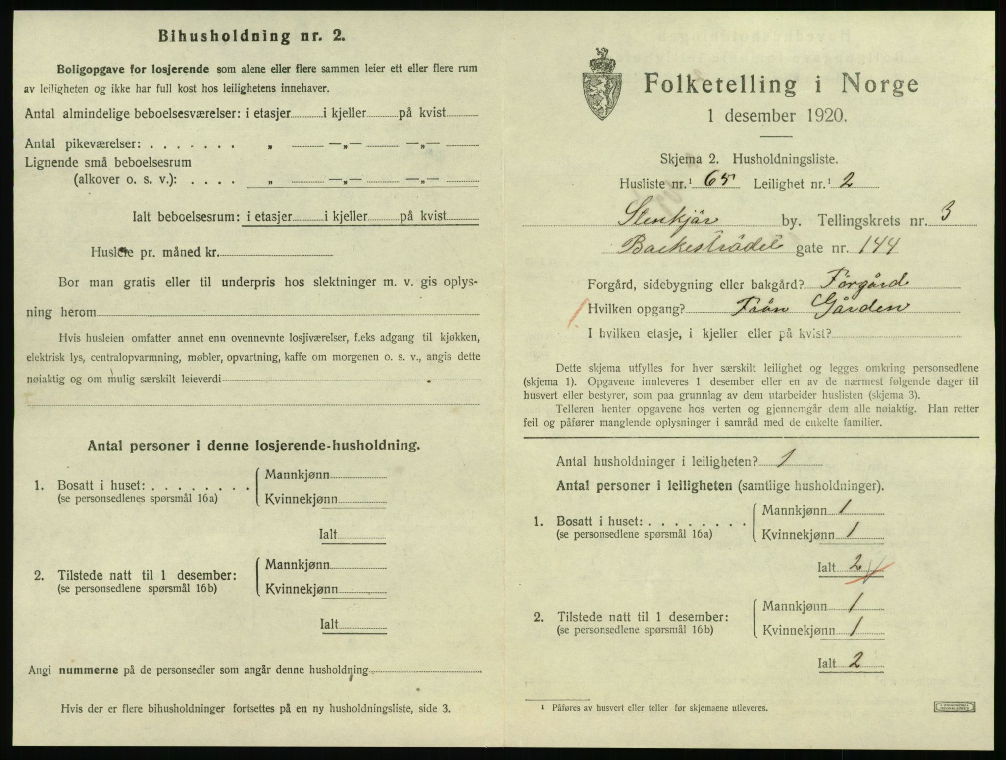 SAT, 1920 census for Steinkjer, 1920, p. 2110