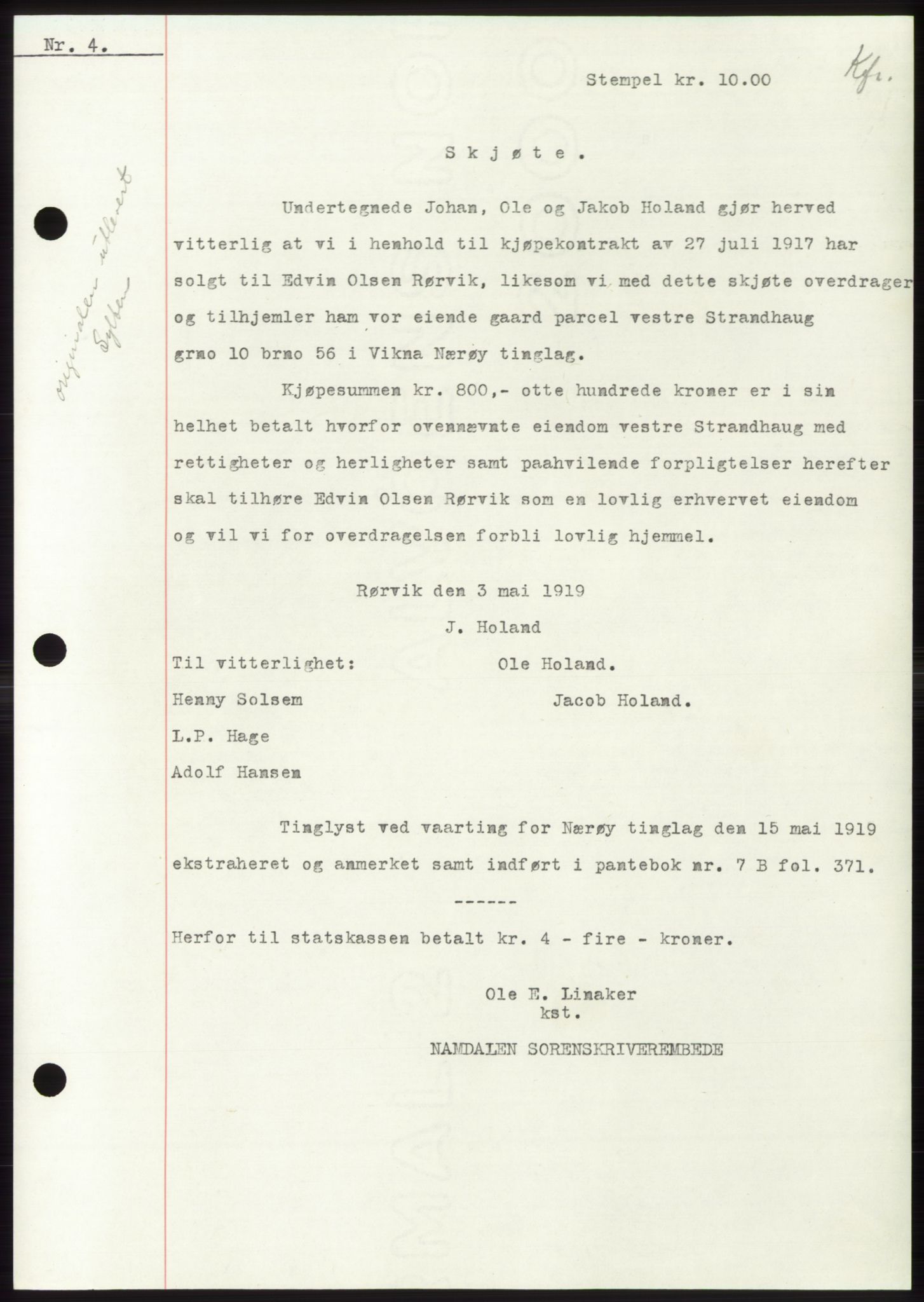 Namdal sorenskriveri, SAT/A-4133/1/2/2C: Mortgage book no. -, 1916-1921, Deed date: 15.05.1919