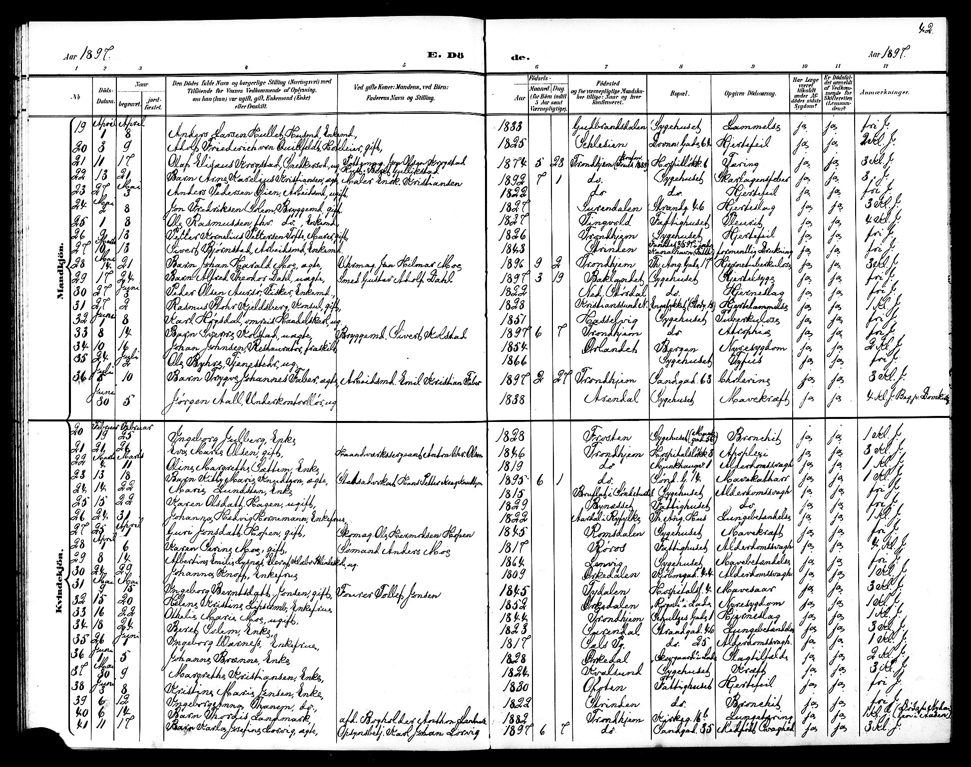 Ministerialprotokoller, klokkerbøker og fødselsregistre - Sør-Trøndelag, AV/SAT-A-1456/602/L0144: Parish register (copy) no. 602C12, 1897-1905, p. 42