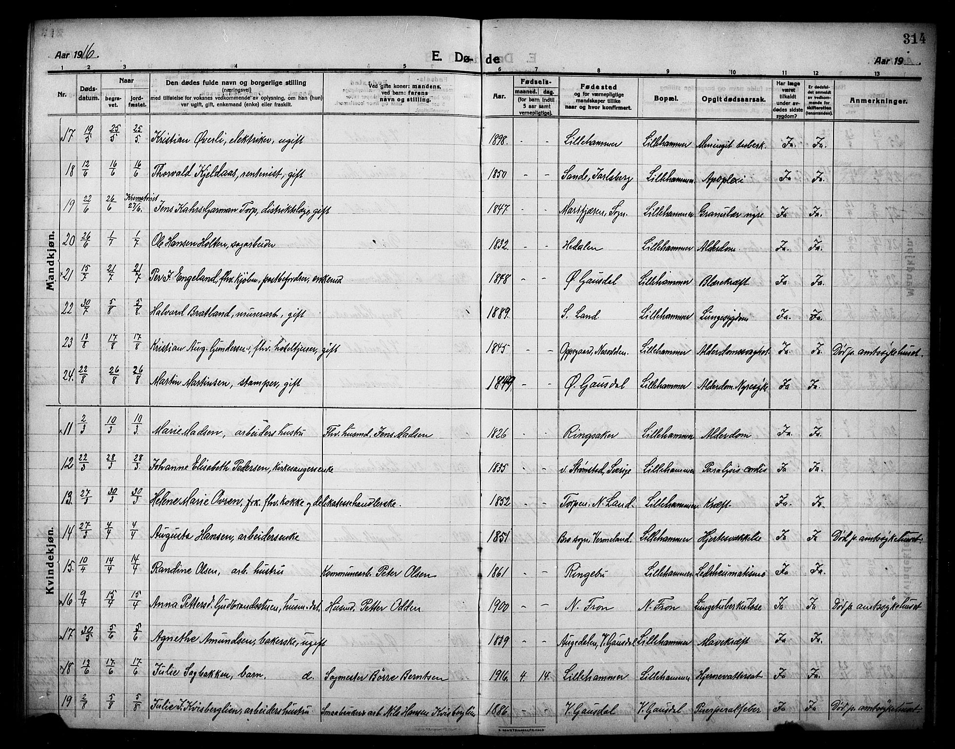 Lillehammer prestekontor, AV/SAH-PREST-088/H/Ha/Hab/L0002: Parish register (copy) no. 2, 1913-1929, p. 314