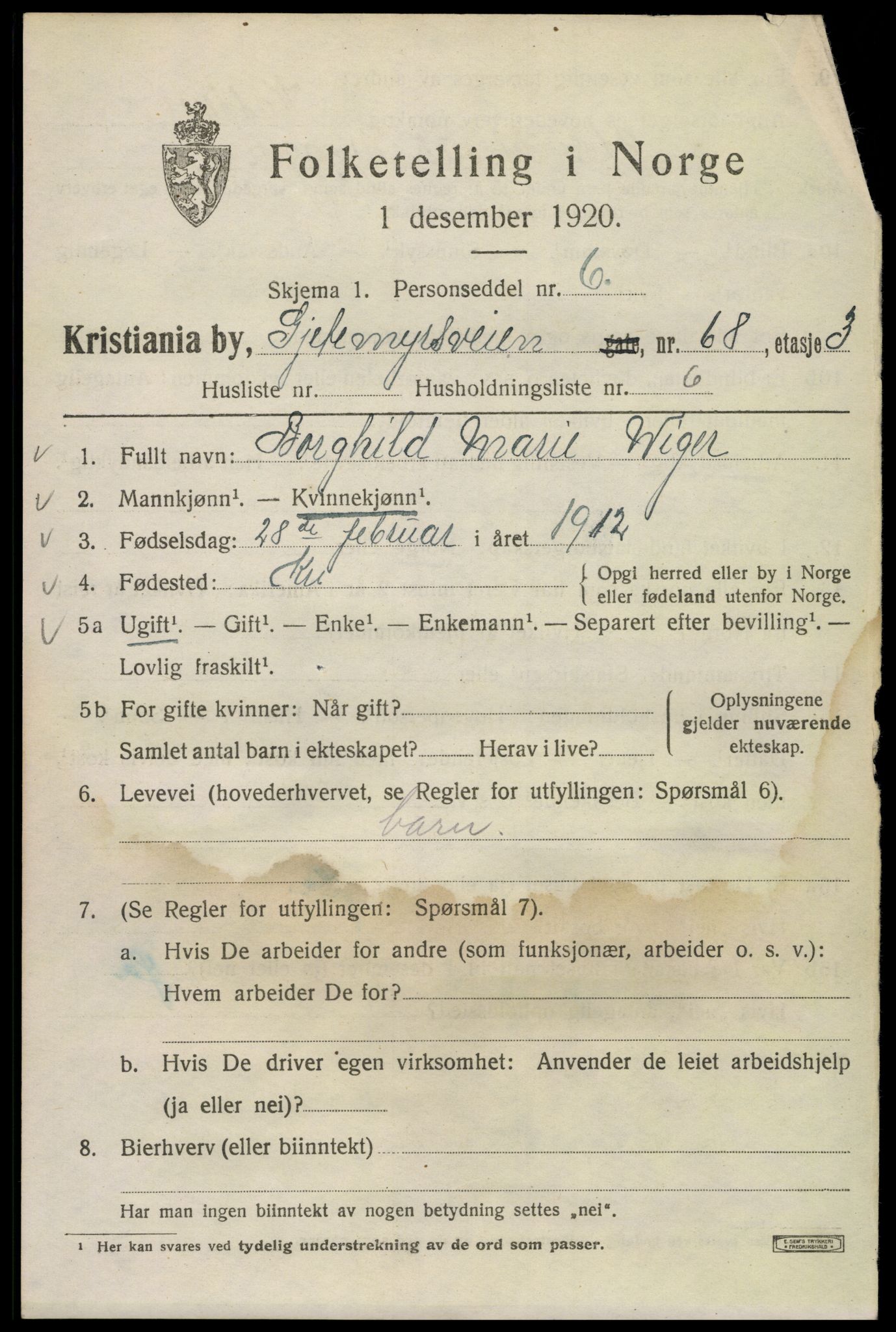 SAO, 1920 census for Kristiania, 1920, p. 250127