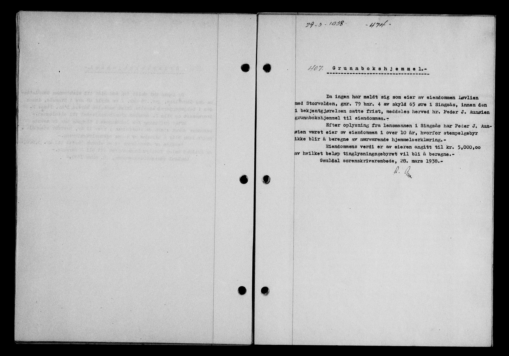 Gauldal sorenskriveri, SAT/A-0014/1/2/2C/L0048: Mortgage book no. 51-52, 1937-1938, p. 474, Diary no: : 407/1938