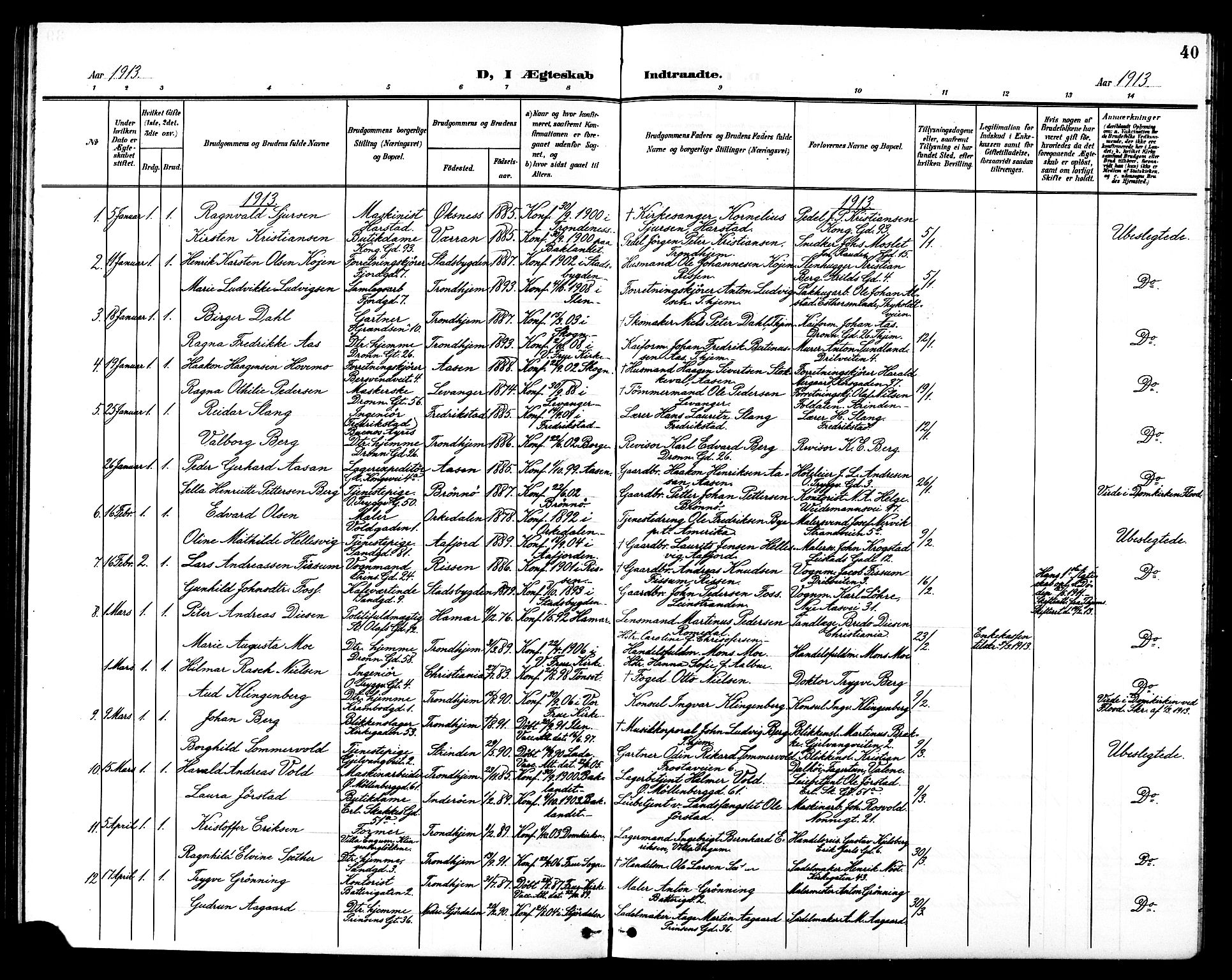 Ministerialprotokoller, klokkerbøker og fødselsregistre - Sør-Trøndelag, SAT/A-1456/602/L0145: Parish register (copy) no. 602C13, 1902-1919, p. 40