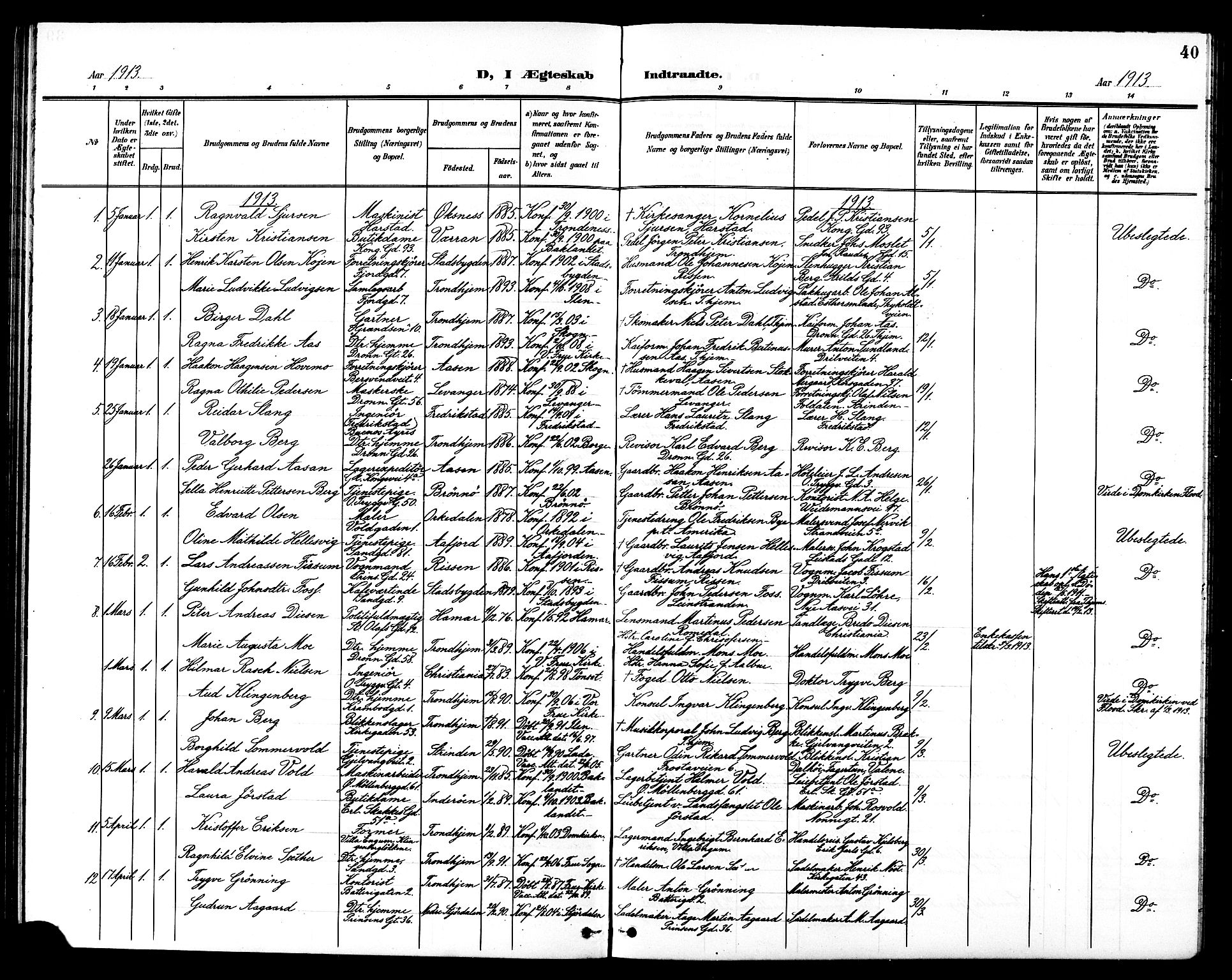 Ministerialprotokoller, klokkerbøker og fødselsregistre - Sør-Trøndelag, AV/SAT-A-1456/602/L0145: Parish register (copy) no. 602C13, 1902-1919, p. 40