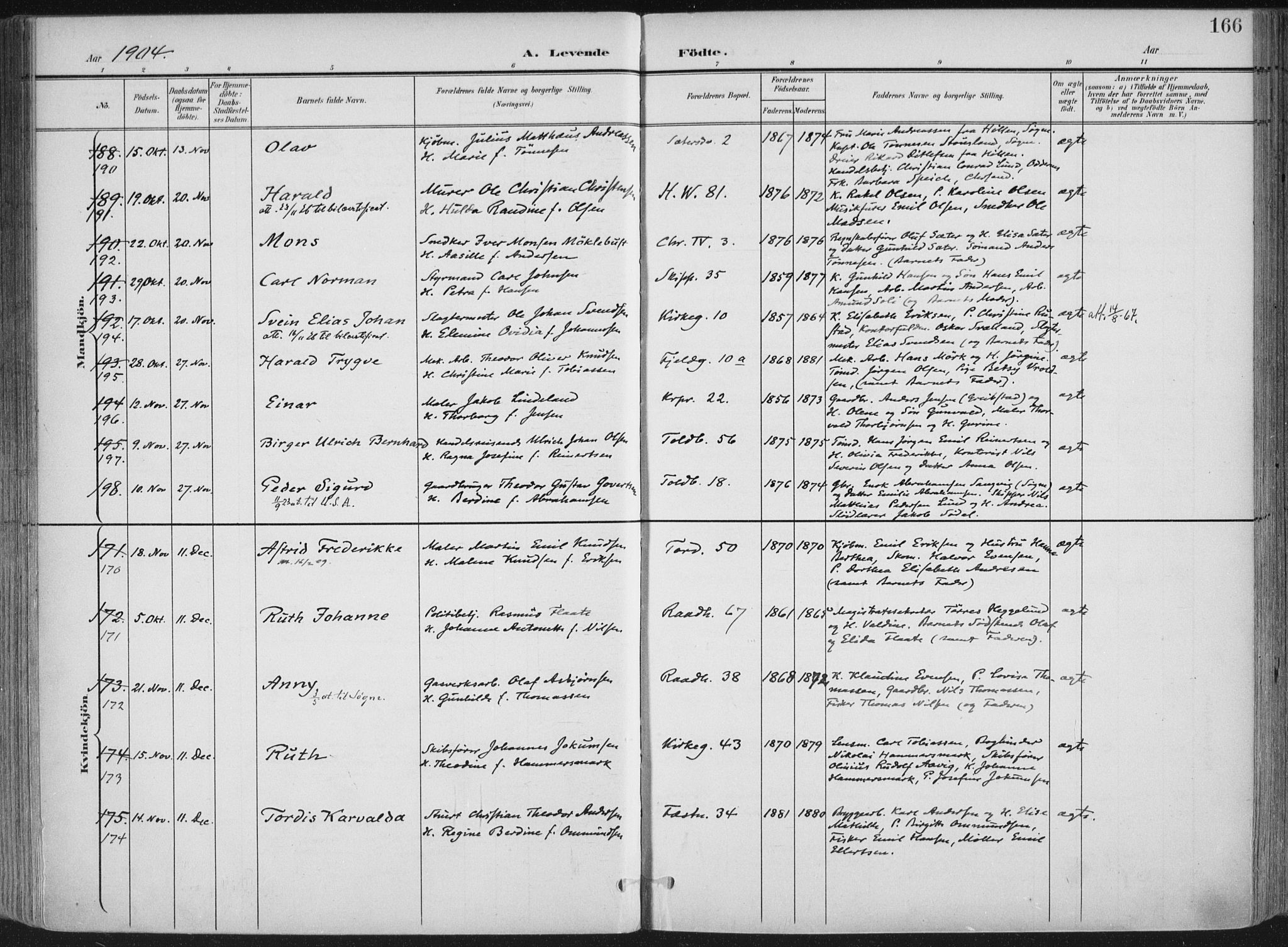 Kristiansand domprosti, AV/SAK-1112-0006/F/Fa/L0021: Parish register (official) no. A 20, 1898-1908, p. 166