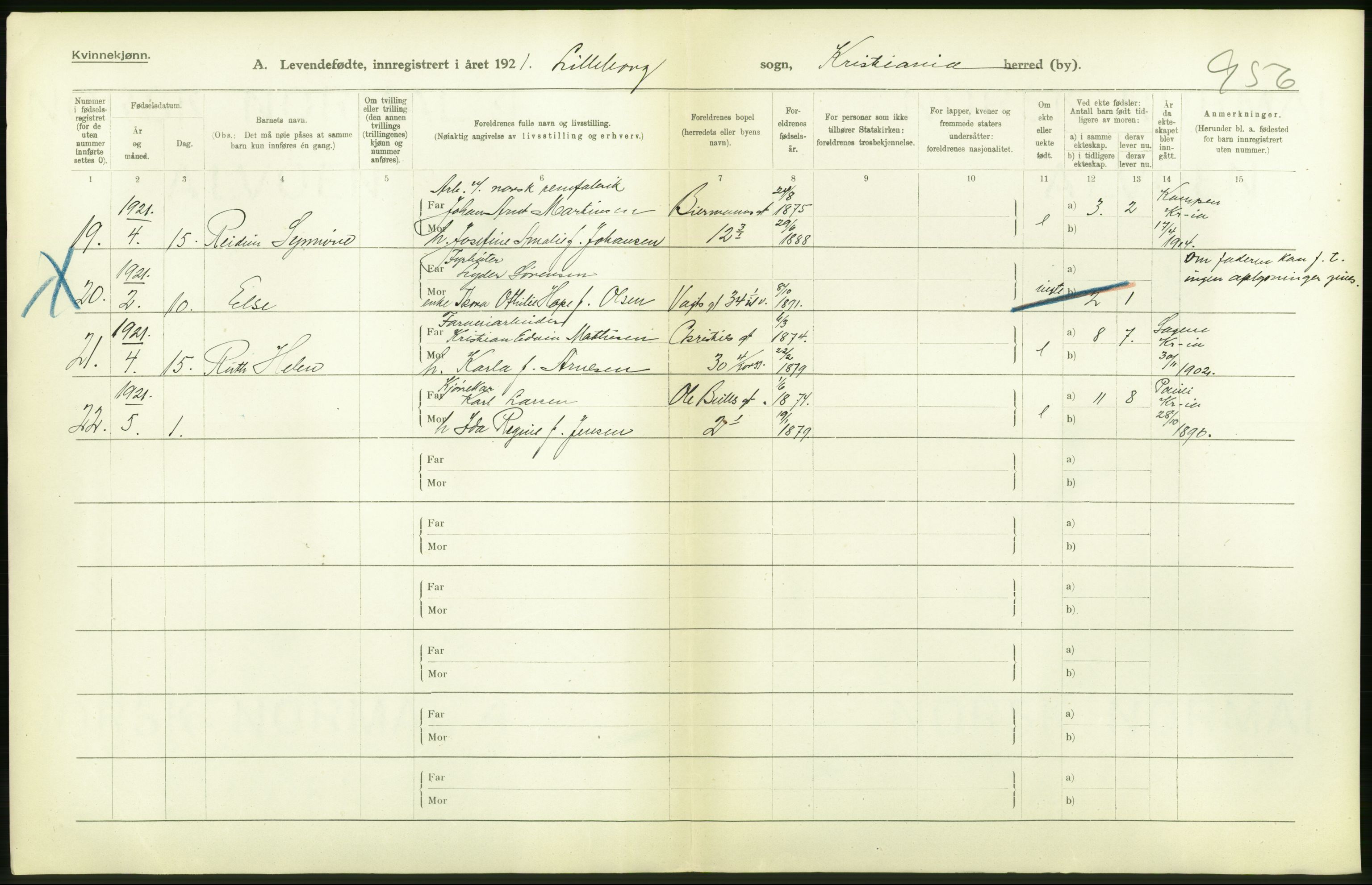 Statistisk sentralbyrå, Sosiodemografiske emner, Befolkning, AV/RA-S-2228/D/Df/Dfc/Dfca/L0008: Kristiania: Levendefødte menn og kvinner., 1921, p. 34