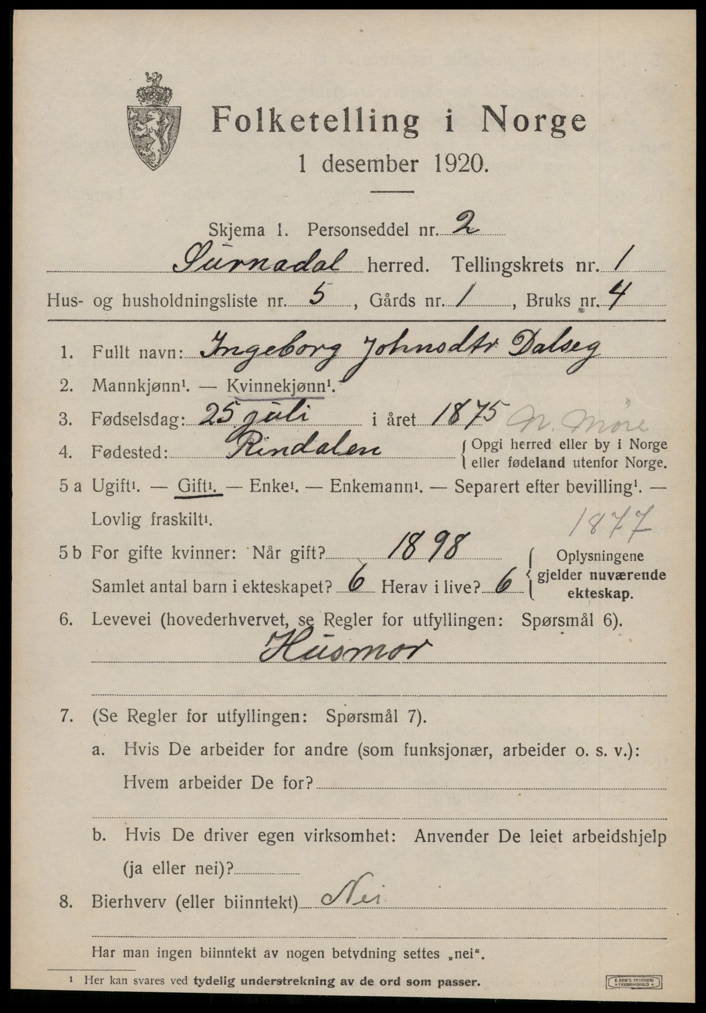 SAT, 1920 census for Surnadal, 1920, p. 1139